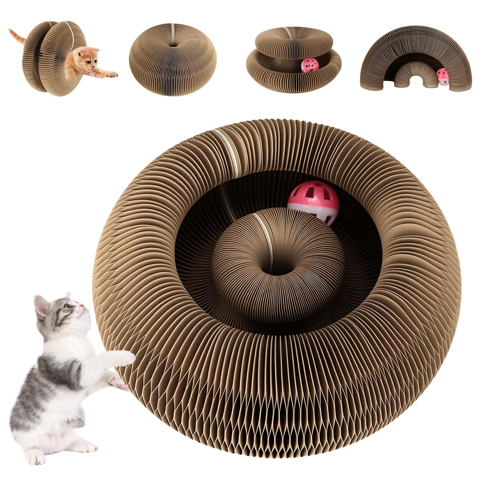 Kitty Curls Cat Toy, Magic Organ Cat Scratching Board with Bell-Ball, Foldable Interactive Marlenes Kitten Curls Cat Scratchers for Indoor Cats