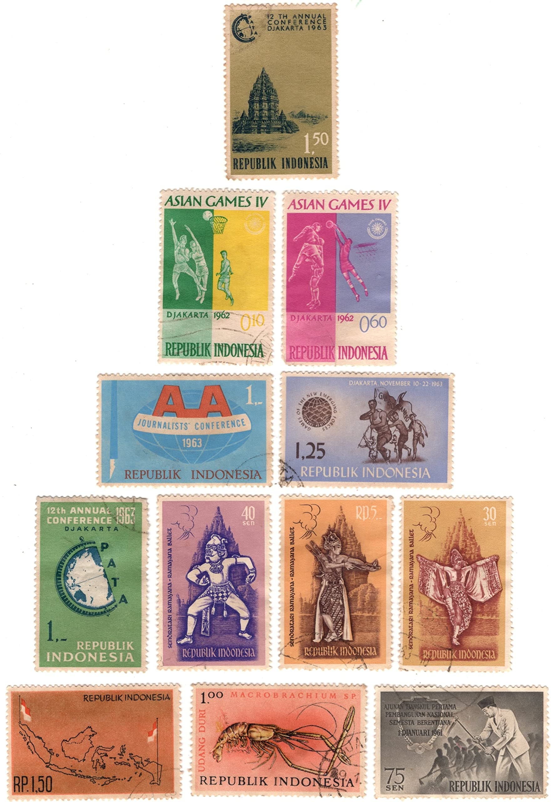 Mahaphilla 1960s Indonesia 12 Different Stamps Used for Stamp Collection