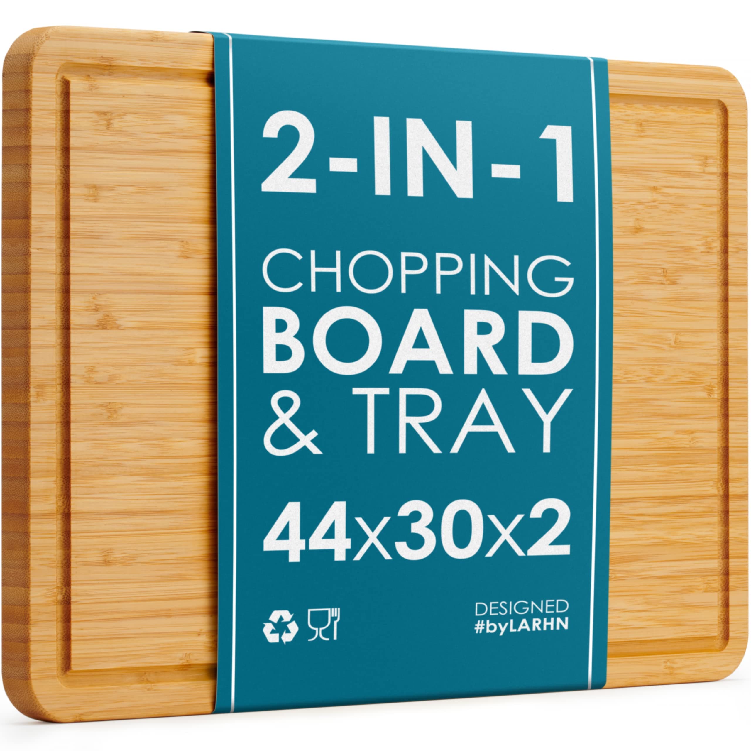 LARHN Premium Organic 2-in-1 Extra-Large Wooden Chopping Board & Serving Tray – 44x30x2cm – Multi-Purpose Bamboo Cutting Board with Juice Groove for Carving Meat, Vegetables, Cheese and Bread – by
