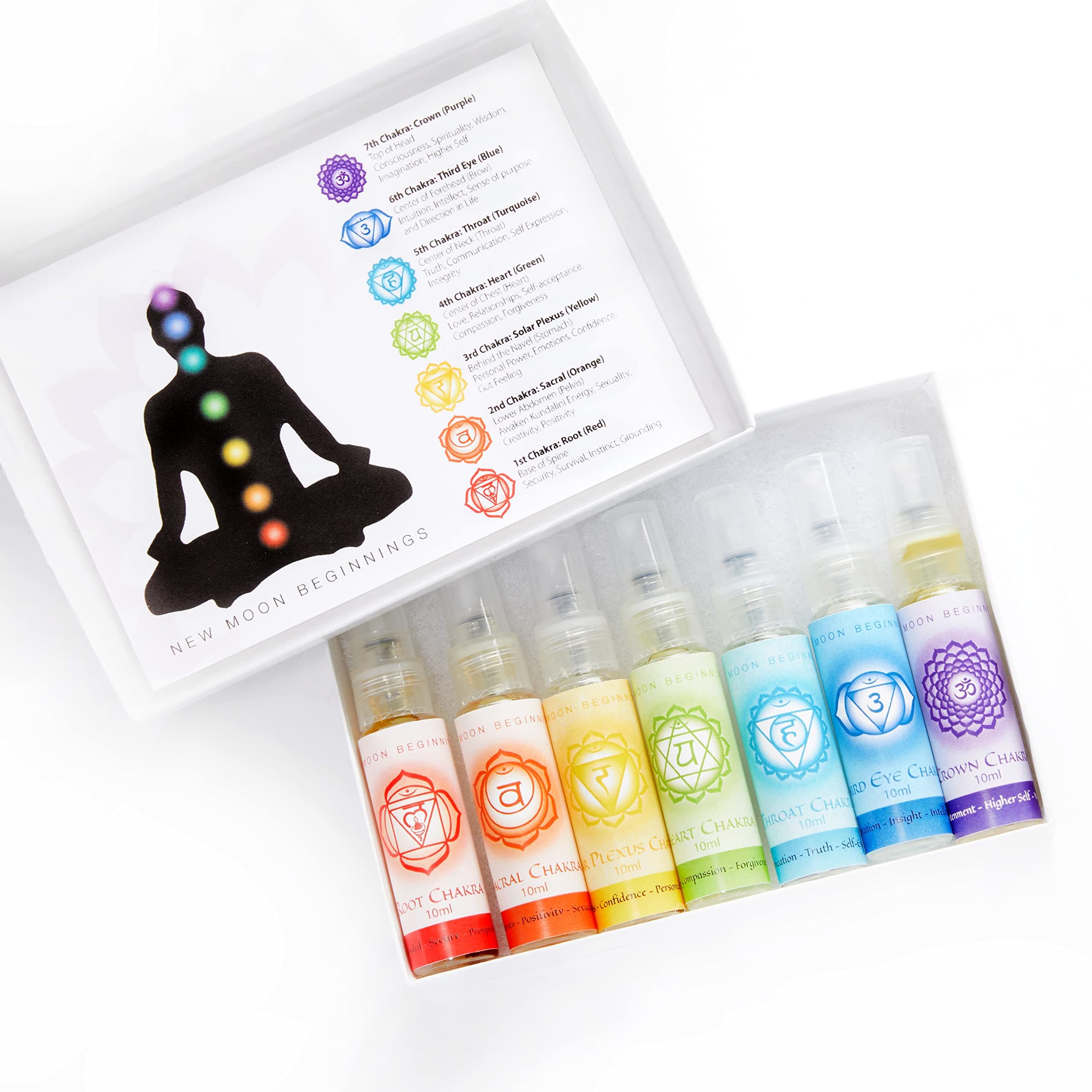 Chakra Spray Set - Balancing Body Mist & Aromatherapy Spray by New Moon Beginnings, 100% organic essential oils (10 ml)