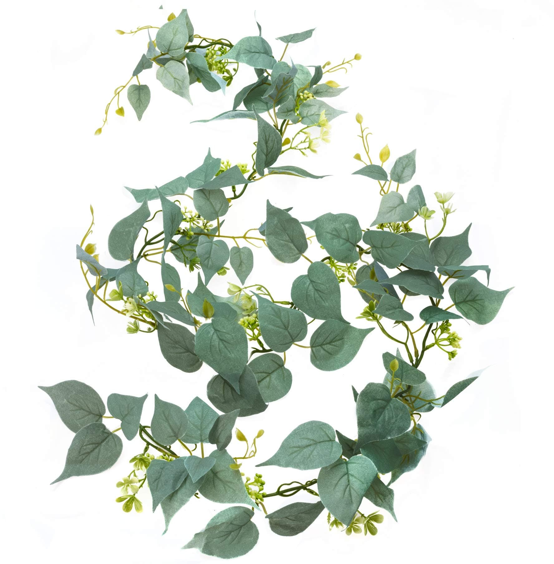 Artificial Greenery Garland, Fake Vine with Flowers, 6' Long Silk Faux Decorative Hanging Vine with Green Silver Leaves and White Flowers; Flower Garland for Table Wedding Party Home Garden Wall Decor