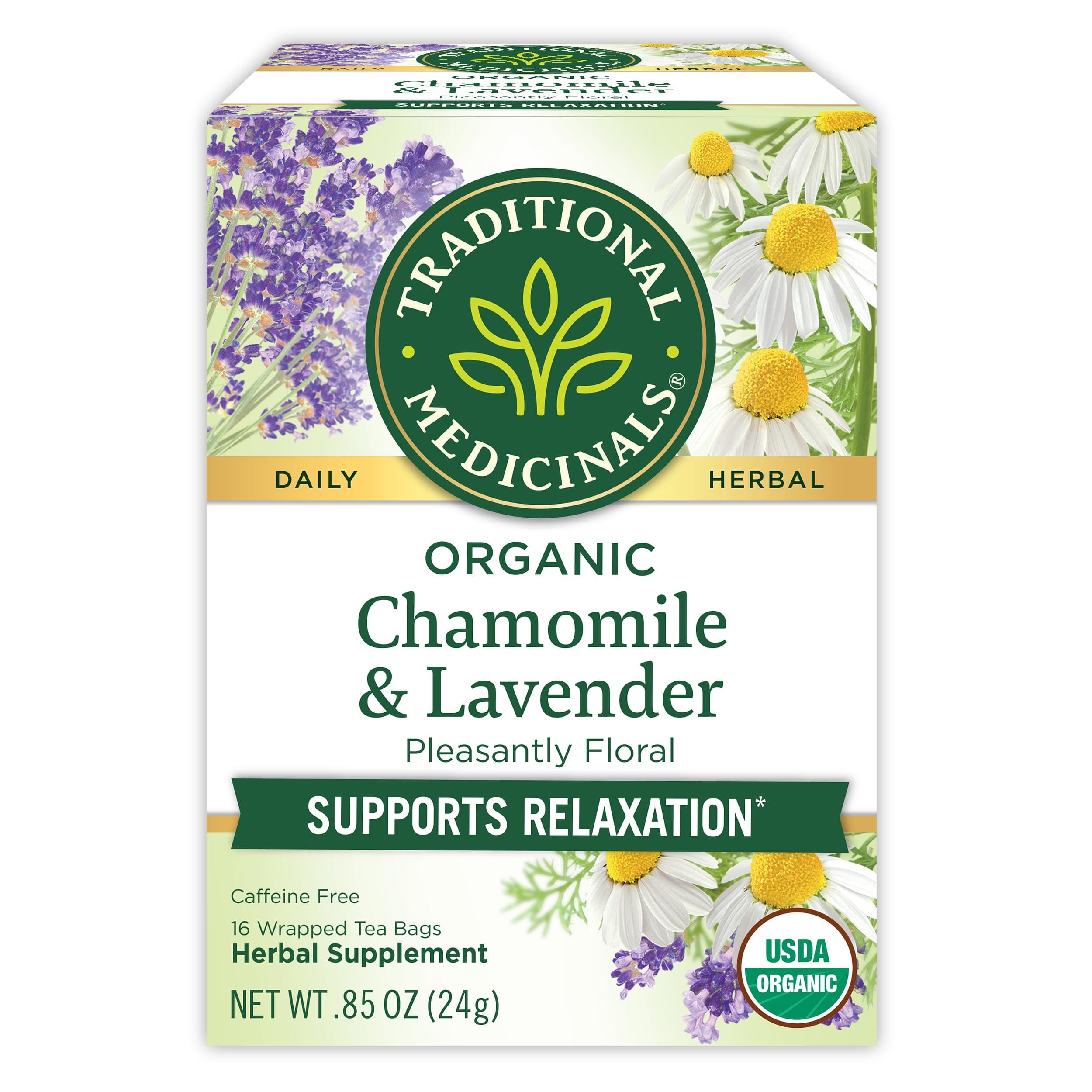 Organic, Chamomile & Lavender - Chamomile Tea Supporting Stress Relief and Relaxation - Kosher, Non-GMO, Caffeine-Free, Compostable - 16 Tea Bags