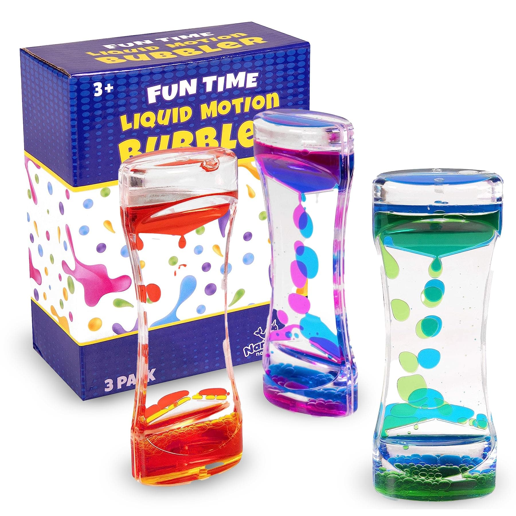 Liquid Motion Bubbler for Kids and Adults - Hourglass Liquid Bubbler/Timer for Sensory Play Toys, Fidget Toy and Stress Management (3 Pack)