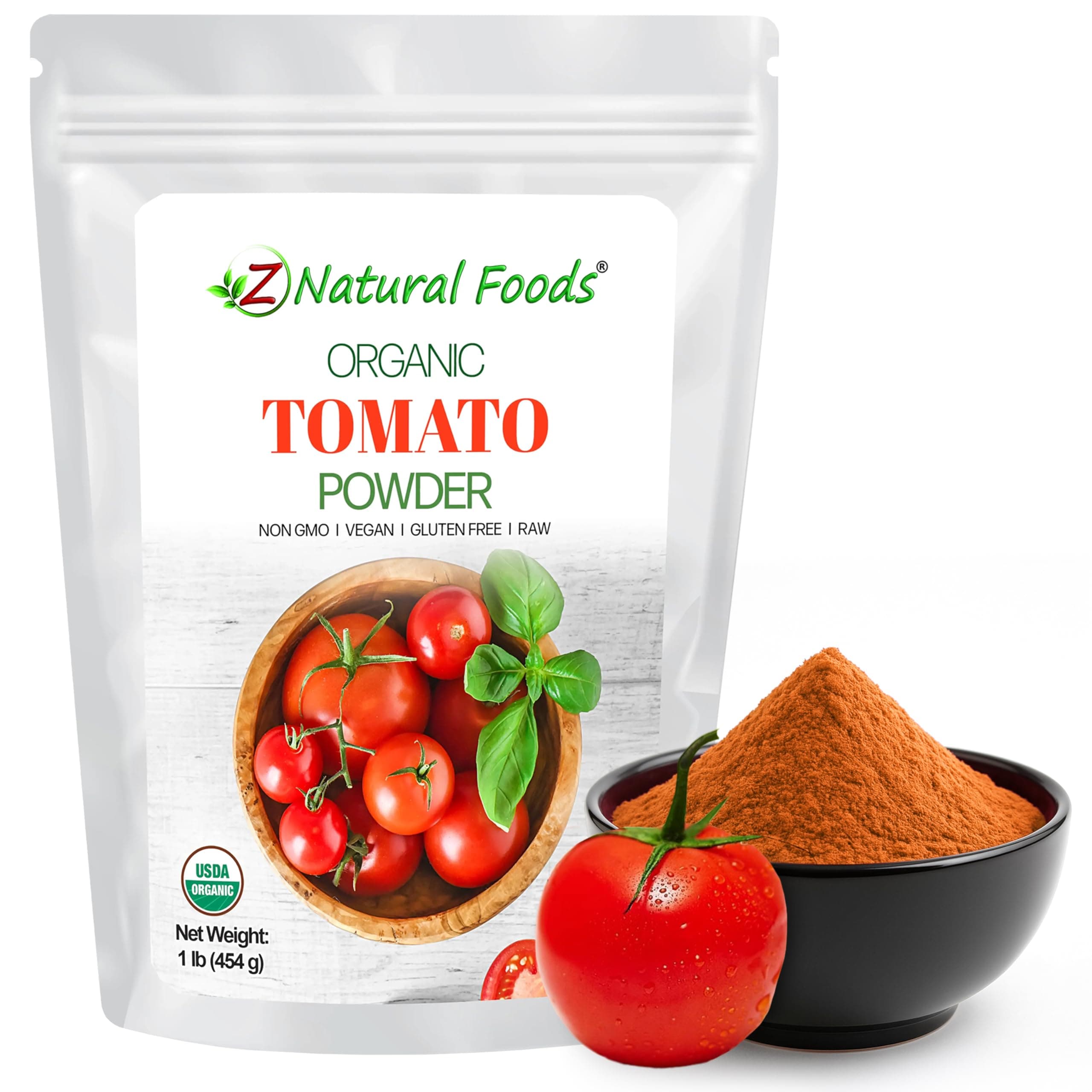 Z Natural Foods Organic Tomato Powder - 100% Pure All - Red Fruit Superfood Supplement For Drinks, Smoothies, Sauce, Soup, Cooking Baking Recipes - Raw, Vegan, Gluten Free, Non GMO, Kosher - 1 lb