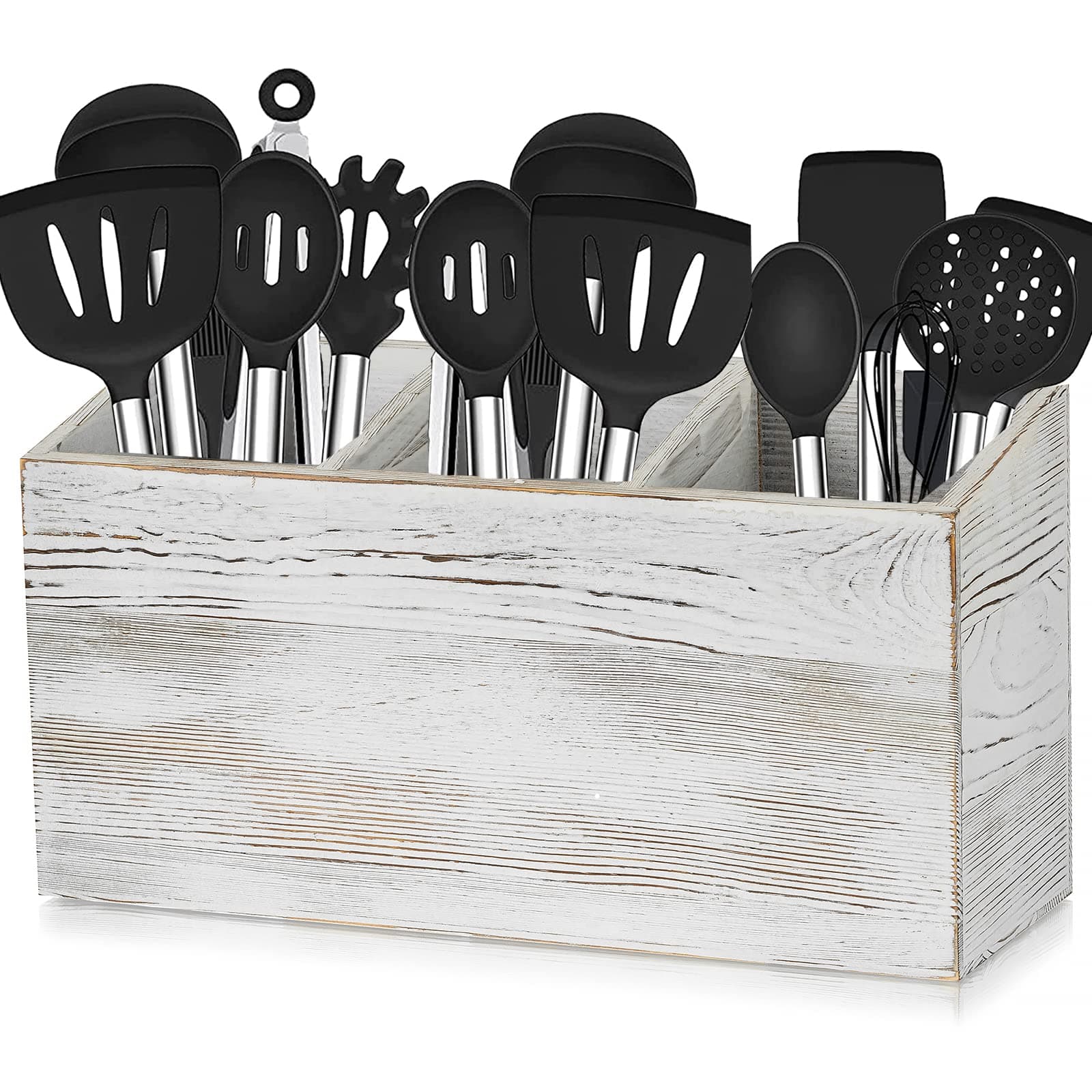 Utensil Holder Kitchen Cutlery Pot: Large Wooden Cooking Utensils Organizer with 3 Compartments Vintage Washed White Cutlery Caddy Rustic Flatware Jar for Silverware Fork Spoon Spatula Save Space
