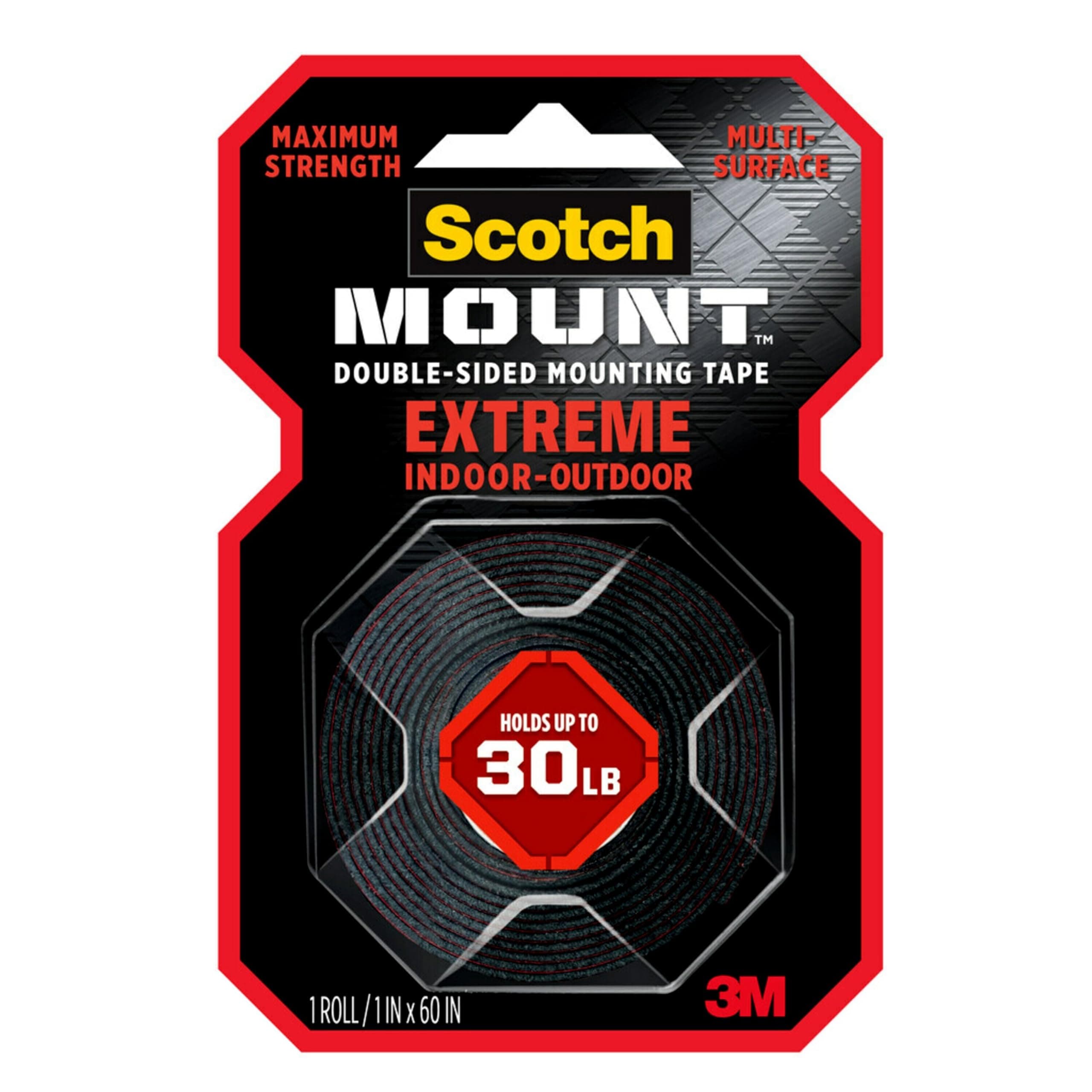 Scotch Mount Extreme Strong Tape 1 in x 60 in roll (25.4mm x 1.52m),1 roll/pack Holds 13.6kg whole role Maximum strength indoor and Outdoor No Tools Double Sided Adhesive Tape Package design may vary