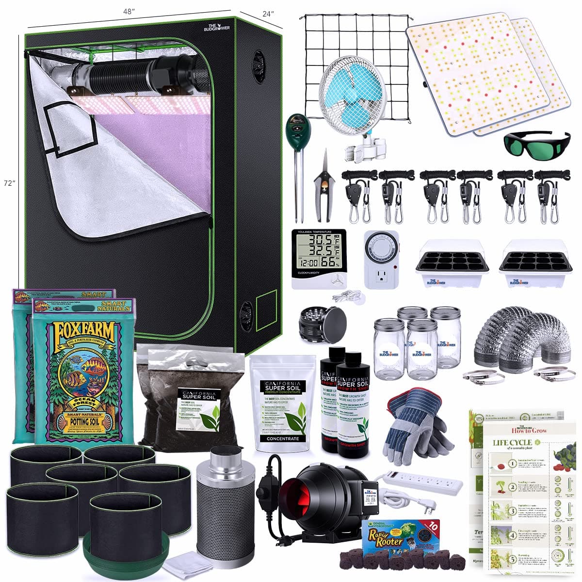 Complete All-in-One Home Grow Solution 24"x48"x60"-1200W (X2 600W) LED Grow Light Dimmable Full Spectrum Quant-LED Light Unit- Indoor Grow Kit