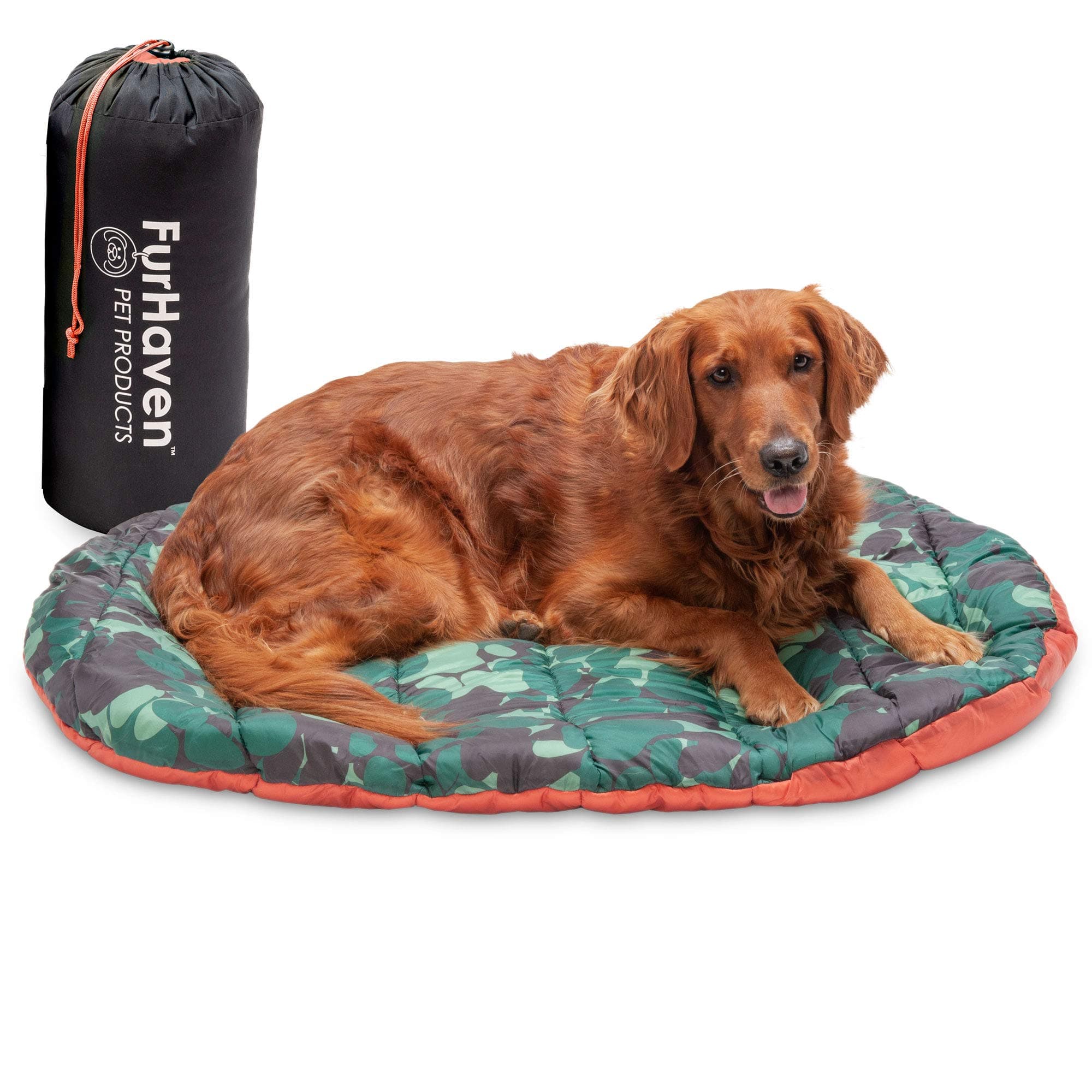 FurhavenOutdoor Travel Dog Bed for Large/Medium Dogs w/Carry Bag, Washable & Foldable, Great for Crates & Kennels - Trail Pup Travel Pillow Mat w/Stuff Sack Bag - Paprika/Camo-Paw, Large