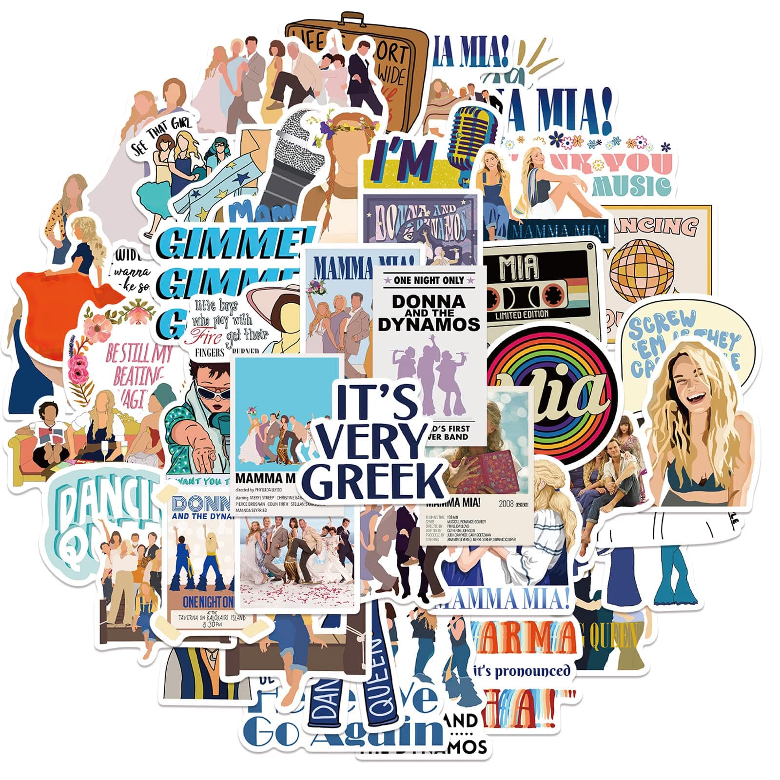 50Pcs Mamma Mia Stickers Pack, Stage Show Sticker Waterproof Vinyl Stickers for Water Bottle, Laptop, Skateboard, Helmet, Car Decals, Perfect Gifts for Kids,Teens,Girls,Adults