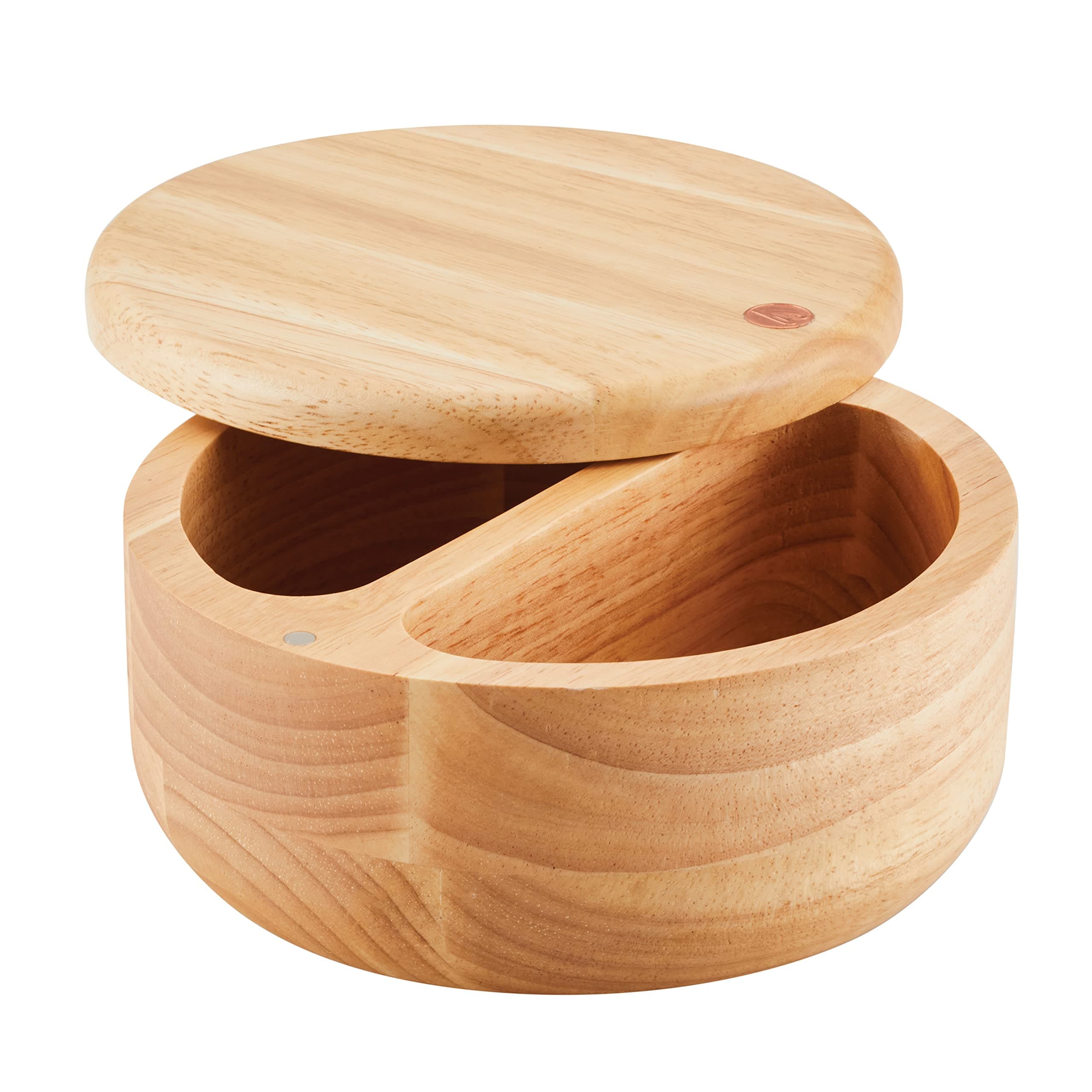 Ayesha Curry Pantryware Parawood Round Wooden Salt and Spice Box with Two Compartments, 17 Ounce, Brown