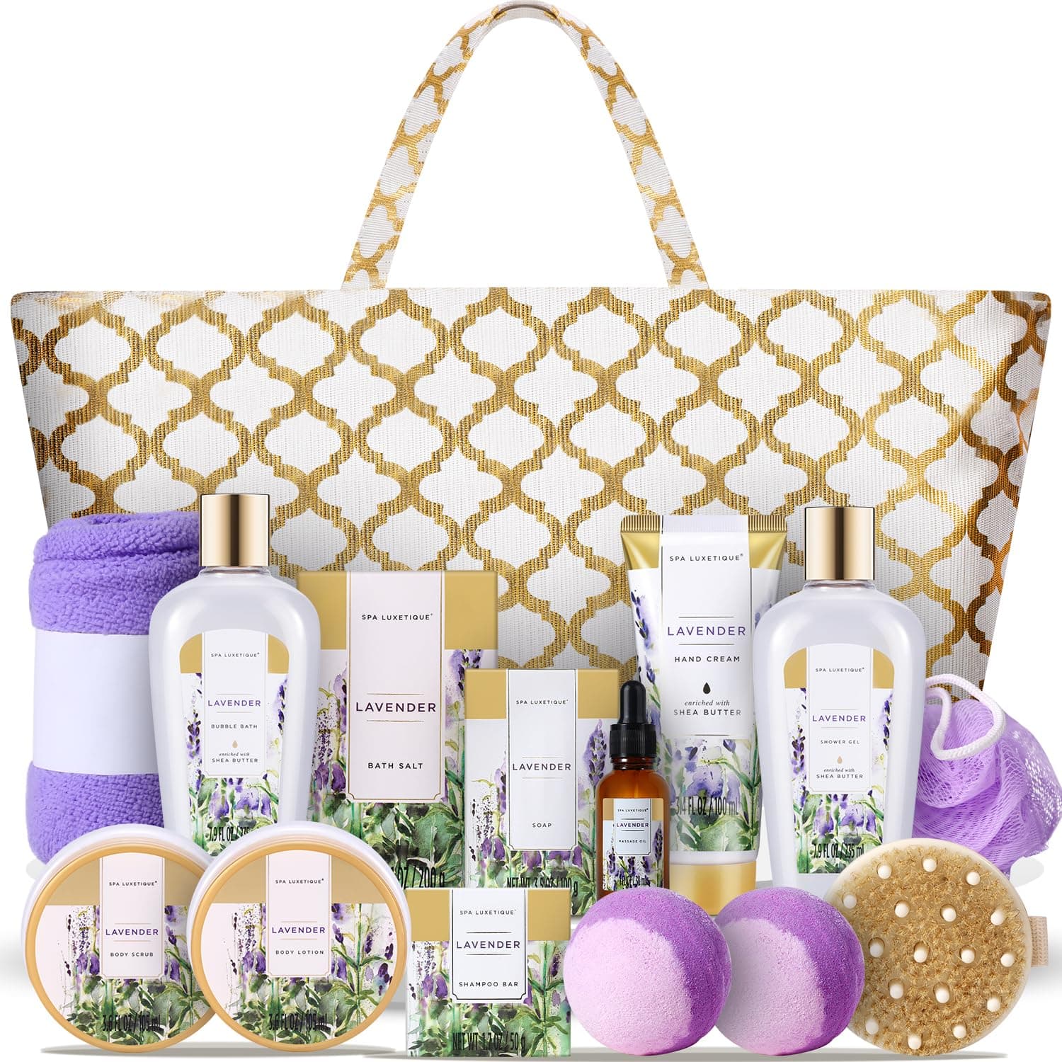 Spa Luxetique Lavender Spa Gift Baskets for Women, Luxurious 15pc Gift Baskets with Spa Tote Bag, Best Gift Sets for Women - Luxury Home Spa Gift Set with Soap, Shampoo Bar, Body Scrub, Dry Hair Cap.