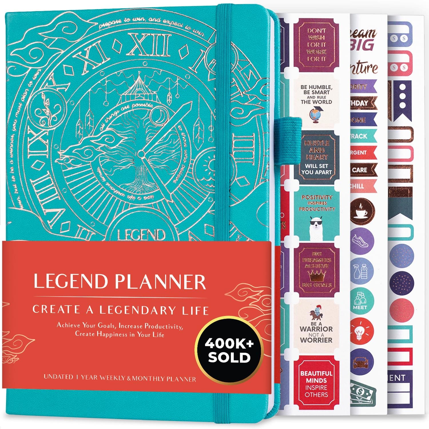 Legend Planner - Deluxe Weekly & Monthly Life Planner to Hit Your Goals & Live Happier. Organizer Notebook & Productivity Journal. A5 Hardcover, Undated - Start Any Time + Stickers - Turquoise Gold