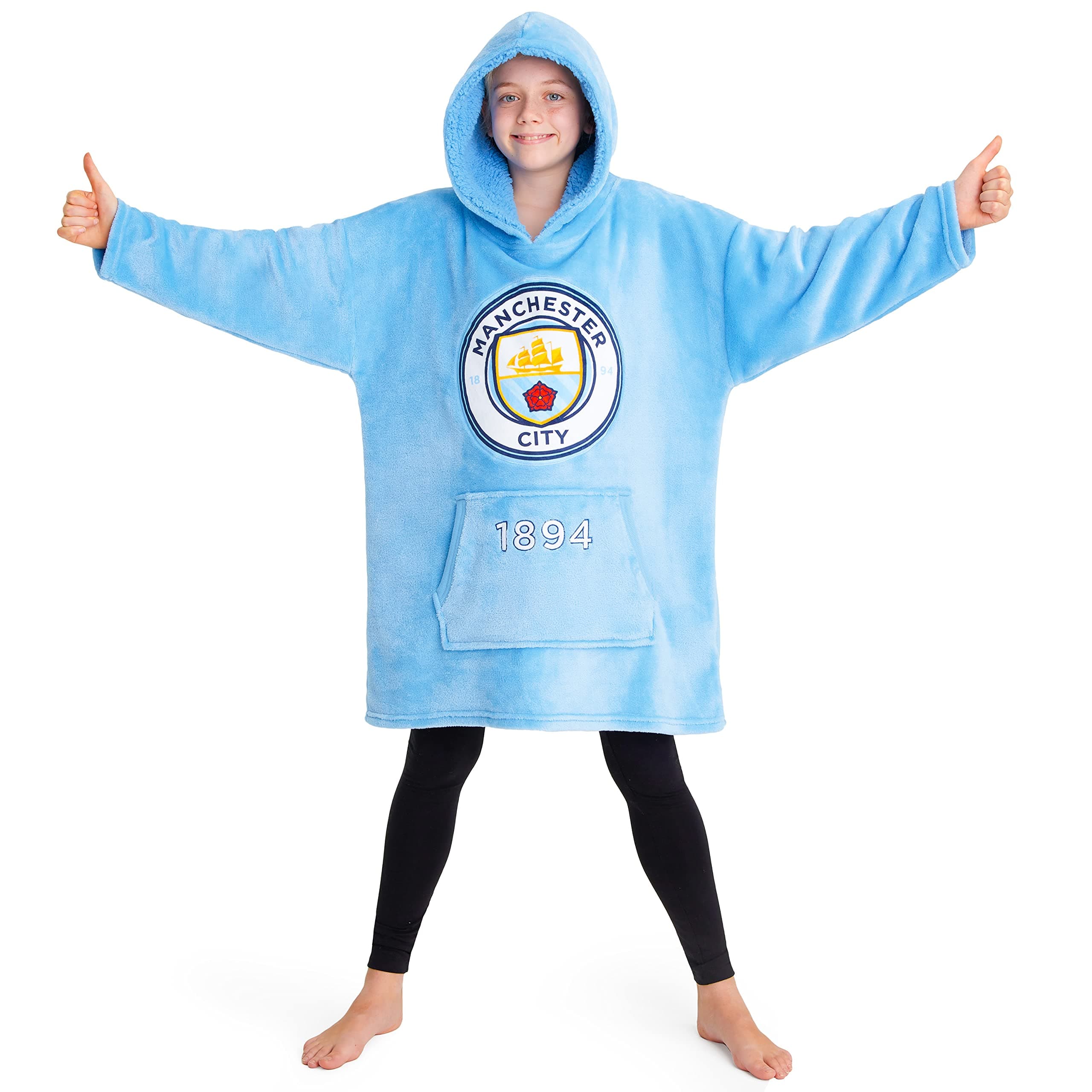 MANCHESTER CITY F.C. Hoodie Blanket for Kids Teenagers Cosy Fleece Wearable Blanket Warm Oversized Hoodie Supporters' Gear Football Gifts for Boys