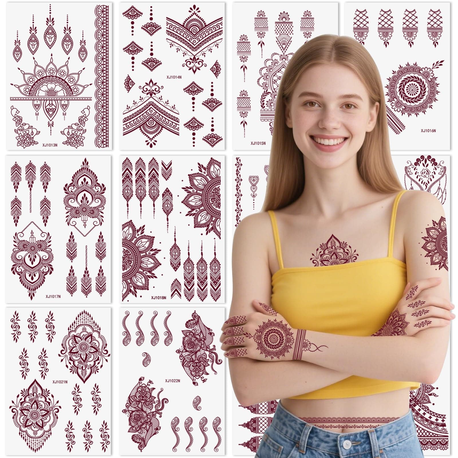 XMASIR 12 Sheets Brown Tattoos Sticker For Women Girls, Waterproof Fake Tattoo Temporary Tattoo Kits, Lotus Mandala Flower Temporary Tattoos Neck Chest Arm