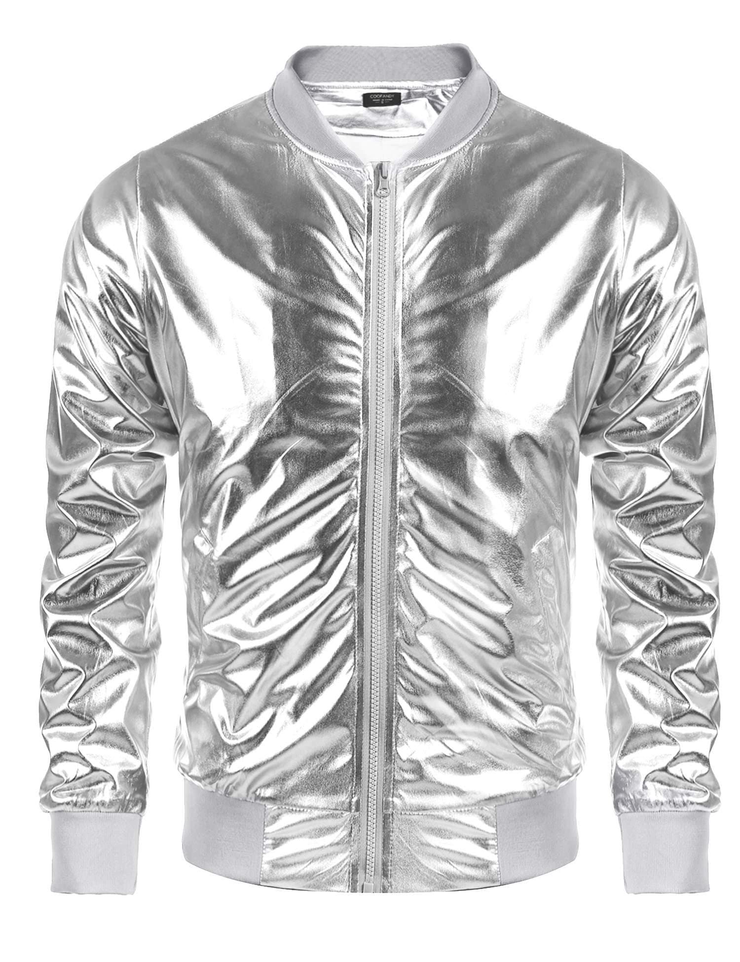 COOFANDYMen's Metallic Jacket 70s Disco Dance Party Costume Shiny Varsity Zipper Baseball Bomber Jacket