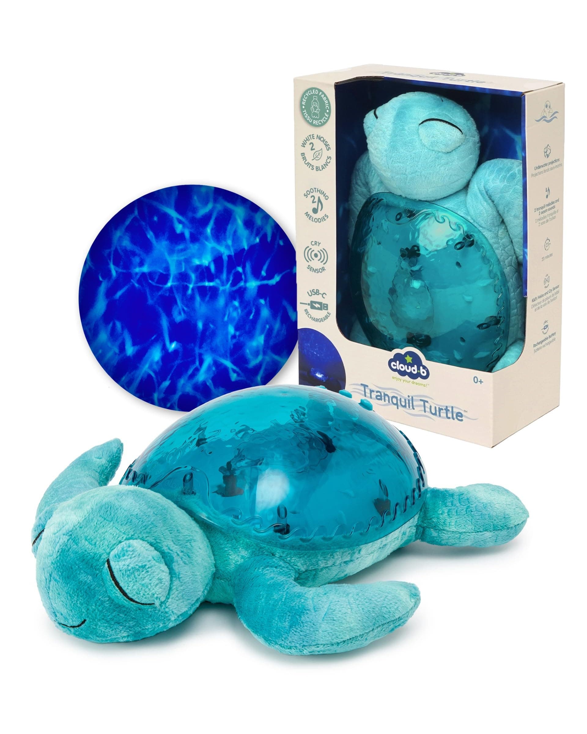 Cloud b Tranquil Turtle Aqua - White Noise Machine Baby, Baby Night Light & Portable White Noise Machine - Soothing Ocean Waves & Underwater Melodies, Cry Sensor, Rechargeable, Eco-Friendly