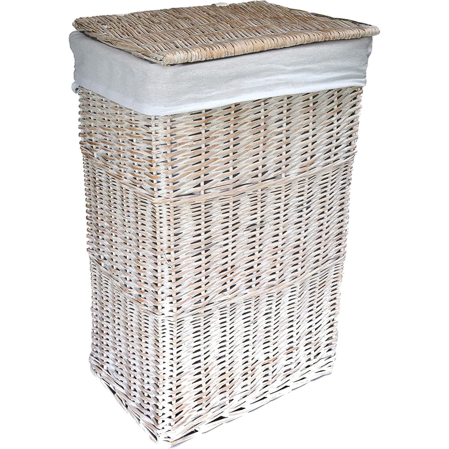 Arthur Cameron - Rectangular Wicker Laundry Basket with Lid & Removable Washable Cotton Lining - Laundry Hamper, Laundry Bin, Washing Basket with Lid (Medium, White Wash)