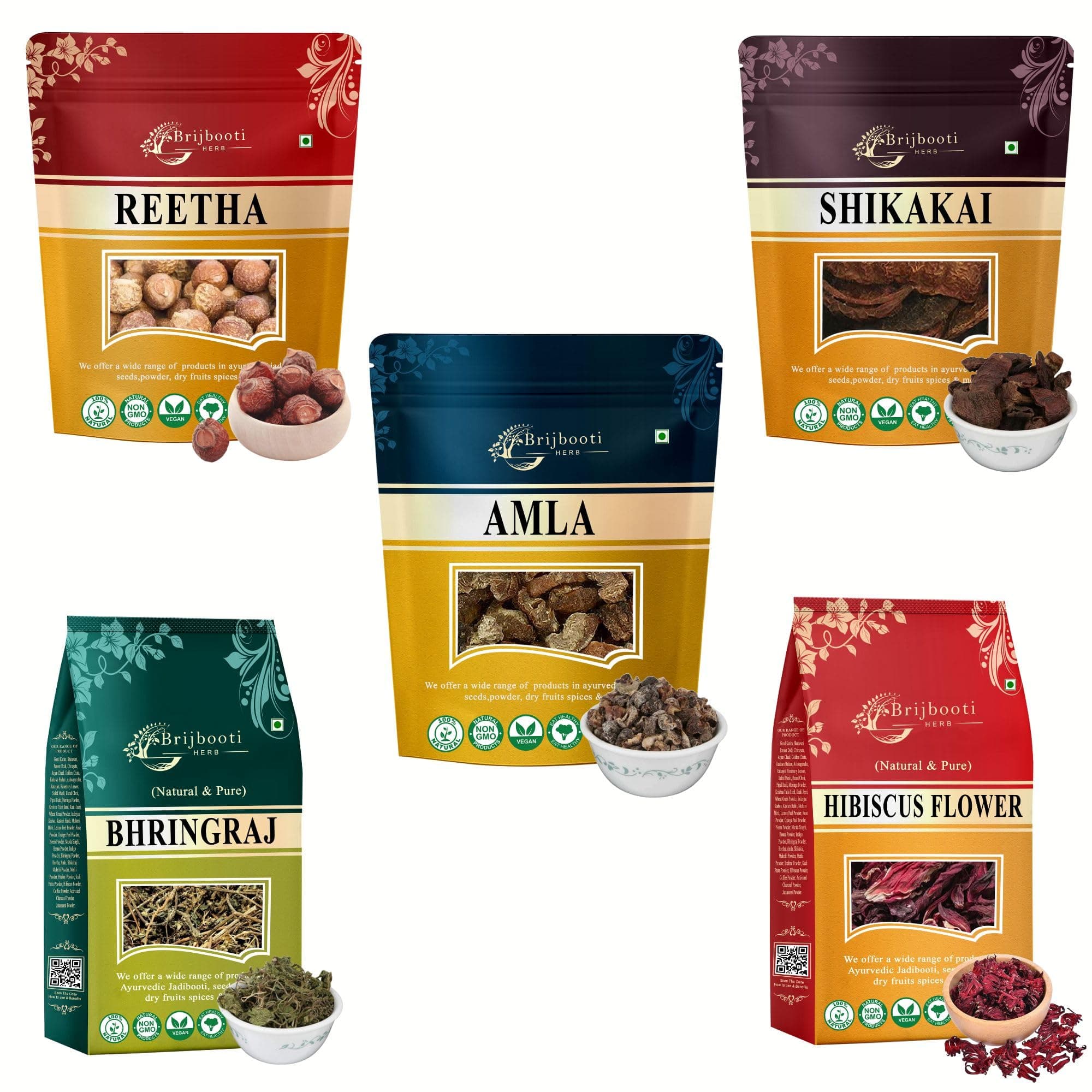 BrijBooti Reetha Amla Shikakai Bhringraj Hibiscus (Raw Form) for Hair 500 Gm (100g Each), natural (BMPL-1105)