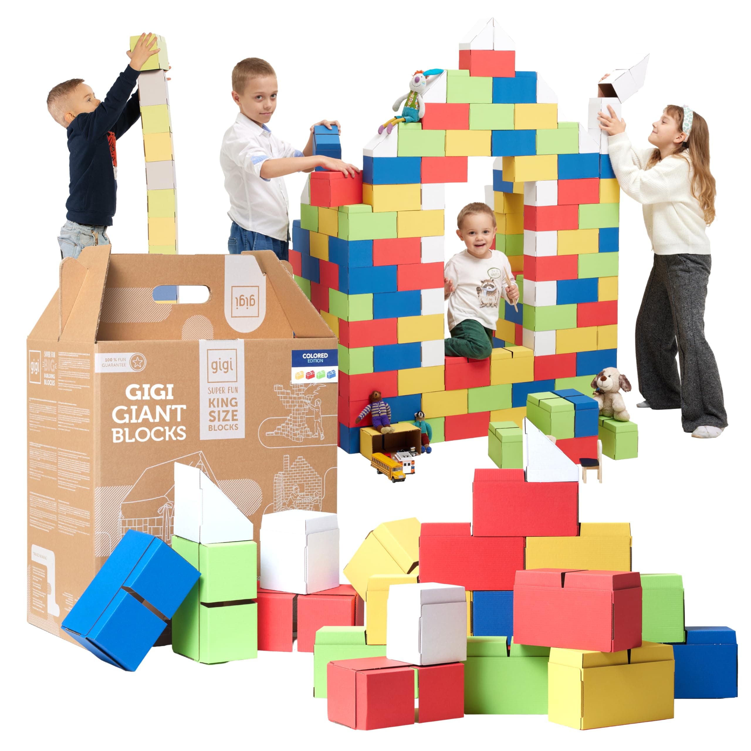 GIGI BLOKS XXL Cardboard Building Blocks | Mega Fort Building Kit 200 XXL Colour Piece Set | Interlocking System Allows Cardboard House Creation | Fort Building Kits For Kids | Cardboard Bricks