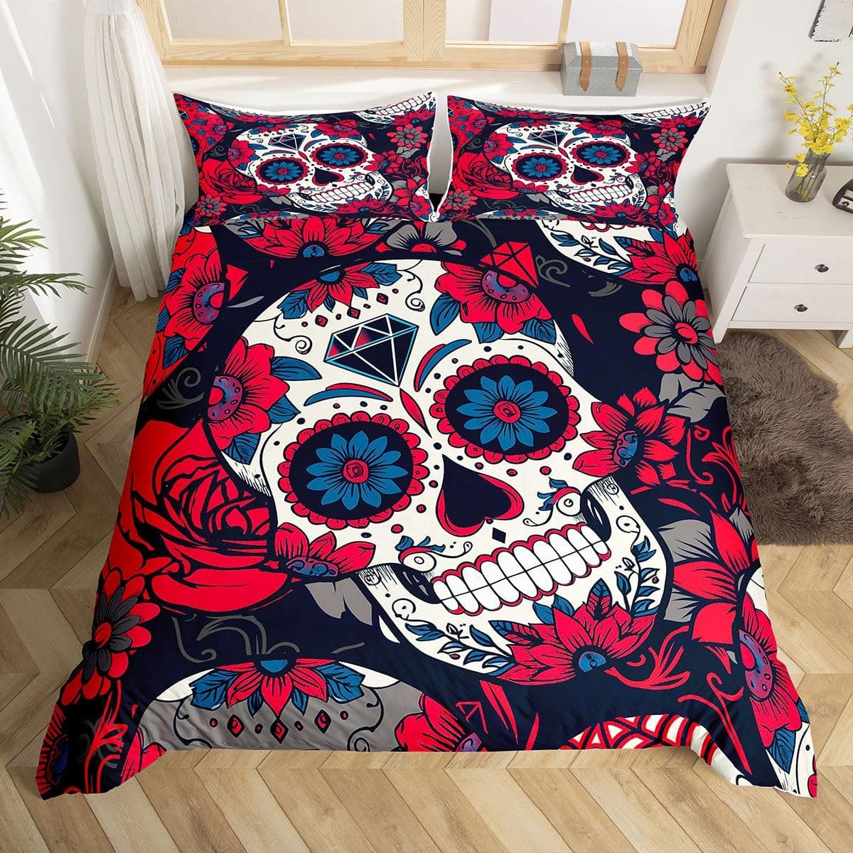Gothic Skull Duvet Cover Death Skull Floral Comforter Cover Set King Size, Sugar Skull Bedding Set for Boys Girls Adults,Death Skeleton Decor Black Red Rose Bedding,1Duvet Cover 2 Pillow Shams