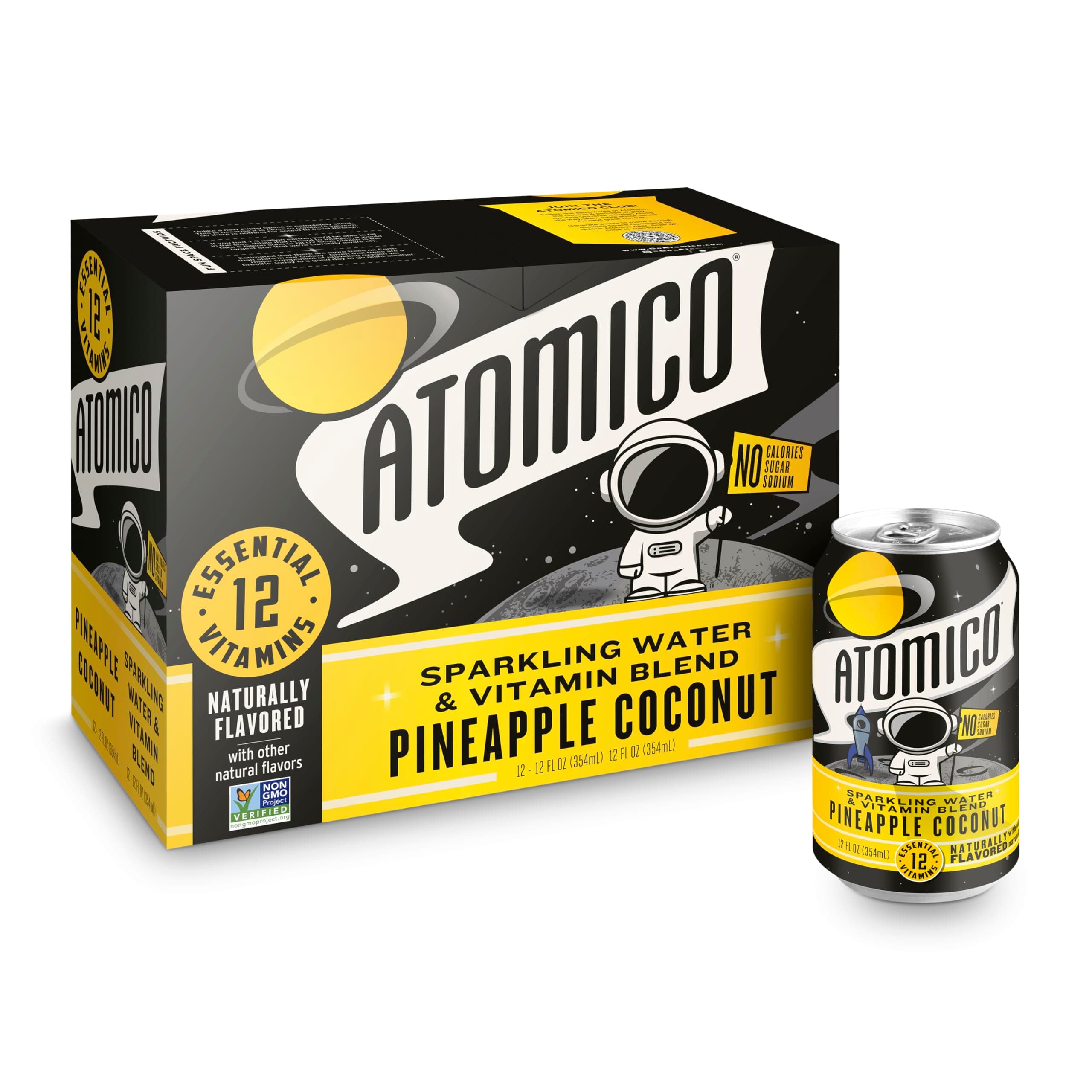 ATOMICO Sparkling Water. 12 Essential Vitamins from our proprietary organic blend. Naturally flavored. - Pineapple Coconut. Zero sugar. Zero calories. Zero Artifical sweeteners. Non-GMO