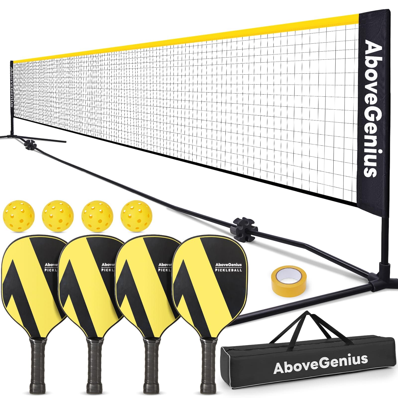 Pickleball Set with Net, Pickleball Paddles Set of 4, Portable Net for Driveway, Lightweight Rackets, 4 Outdoor Balls, 1 Storage Bag