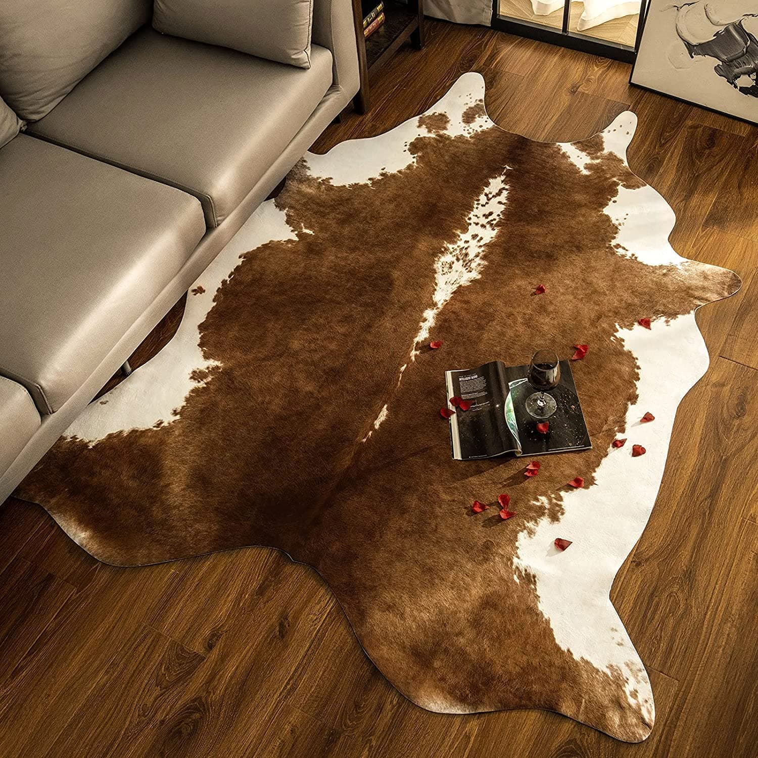 BENRON Cowhide Rug Large Accent Western Rug Stylish Cow Rug 6x7.2ft Rugs for Living Room Bedroom Area Rug Cute Animal Rug Premium Cow Print Rug Man Cave Faux Leather Carpets, Khaki Brown