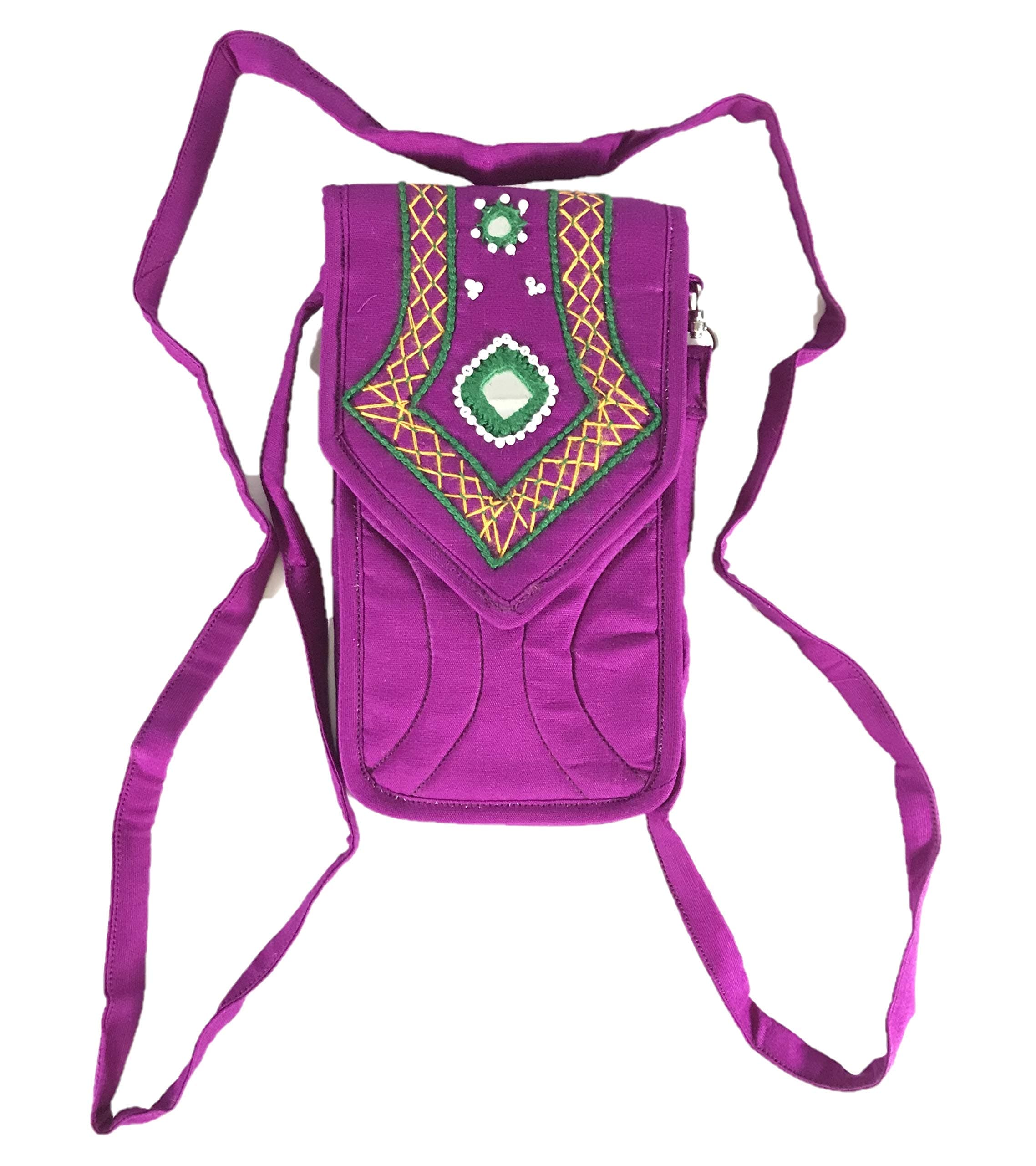 srishopify handicraftsSriShopify Women Sling Smart Mobile Pouch Banjara Traditional Bag Cotton handmade Pouch(Small, Mirror, Beads and Thread Work Handcraft Purse, Purple)
