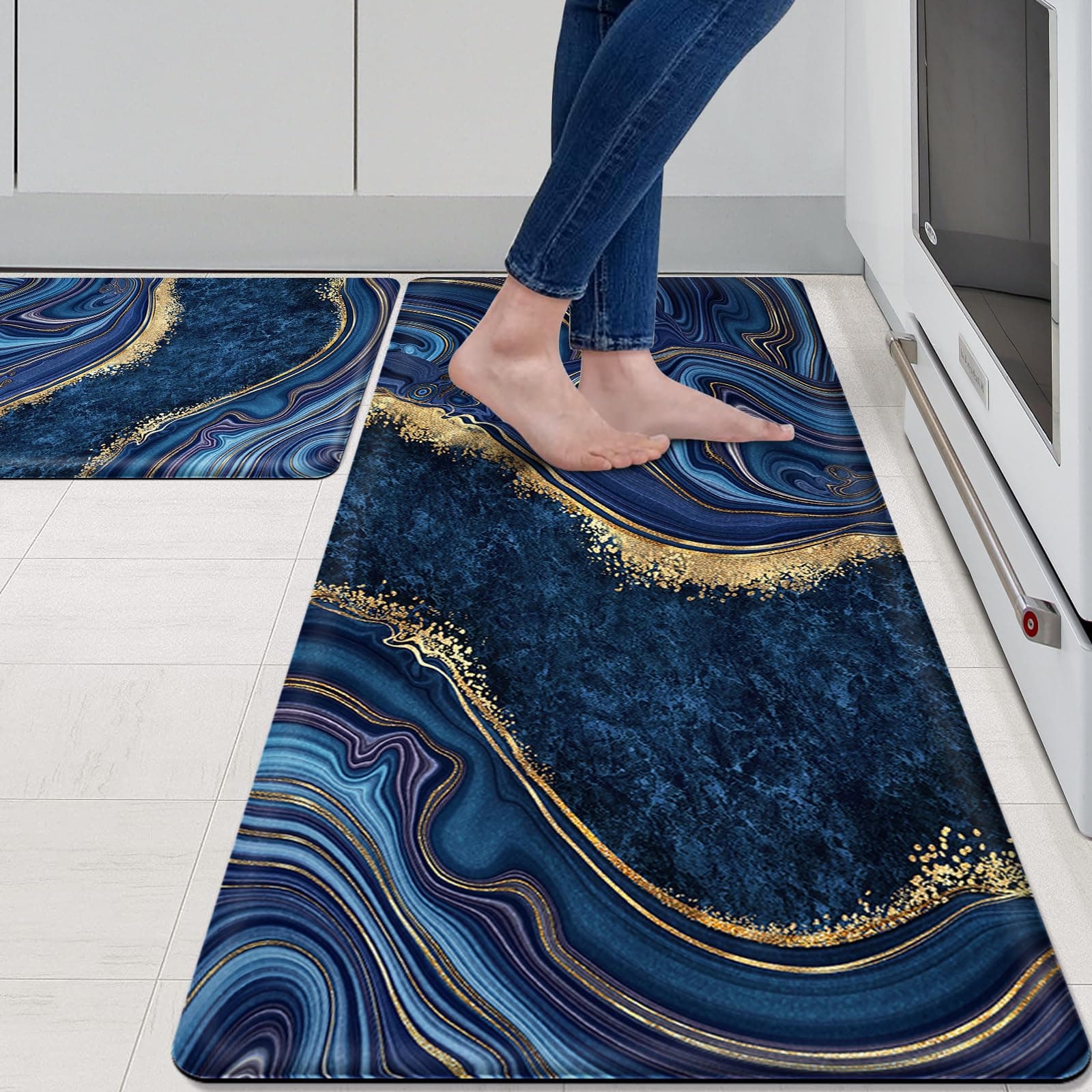 MAYHMYO Kitchen Rugs and Mats Set of 2 Blue Marble Anti Fatigue Mat PVC Non Slip Abstract Golden Kitchen Mats for Floor Bathroom Desk Runner Laundry
