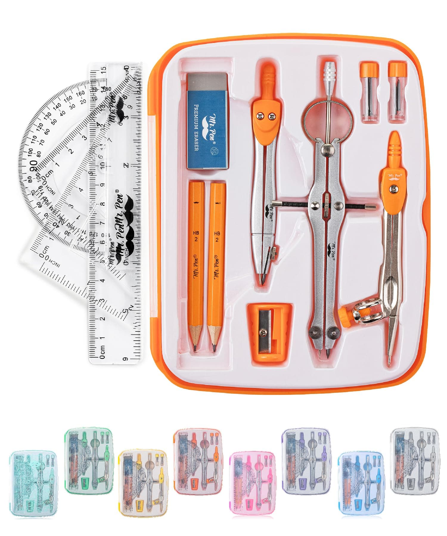 Geometry Set, 13 pcs, Compass for Geometry Compass, Geometry Kit Set with Shatterproof Storage Box, Math Compass, Geometry Set for School, Compass Math, Protractor and Compass Set, Orange