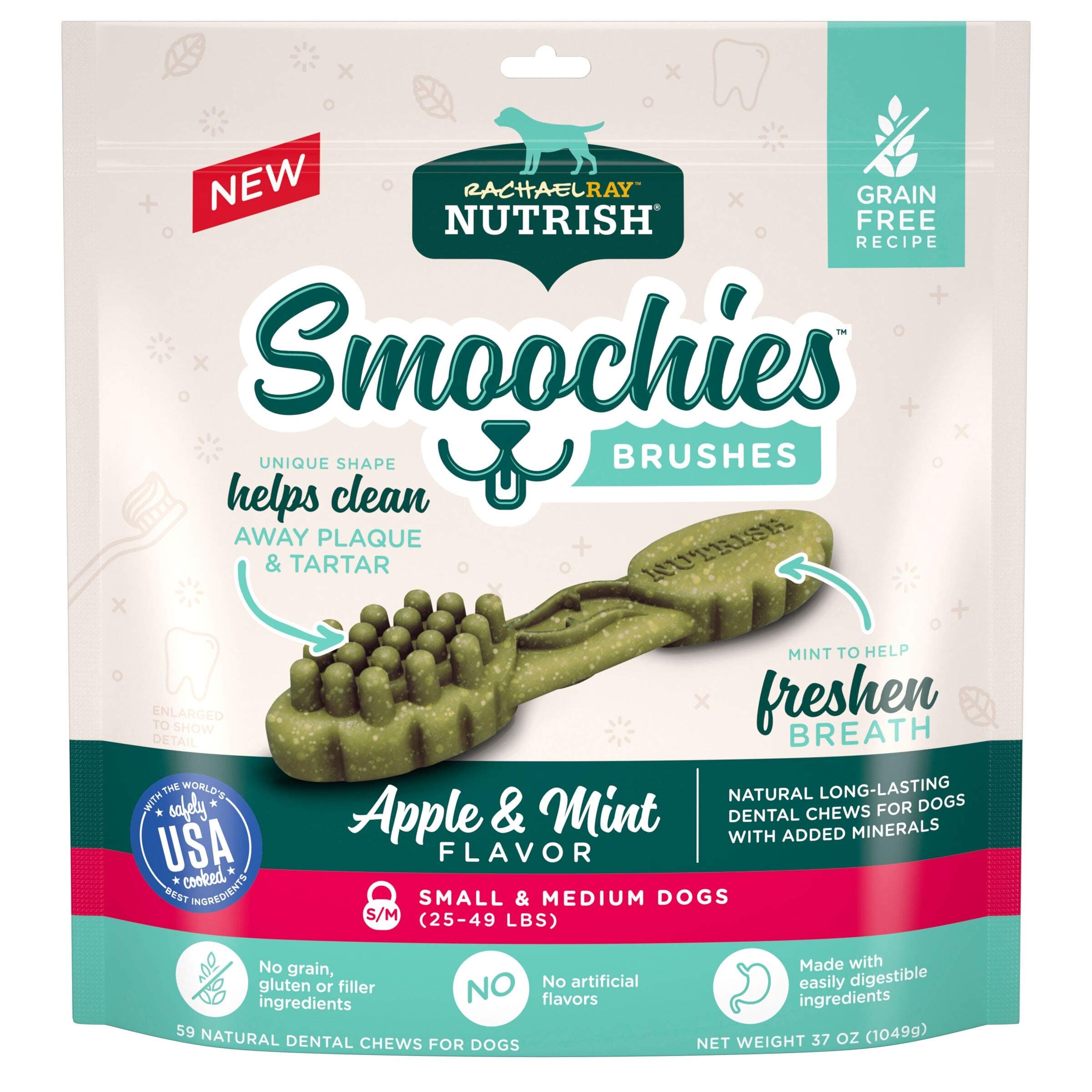 Rachael Ray Nutrish Smoochies Brushes Natural Long Lasting Dog Dental Chews, Apple & Mint, Small/Medium Size, 59 Treats, Grain Free