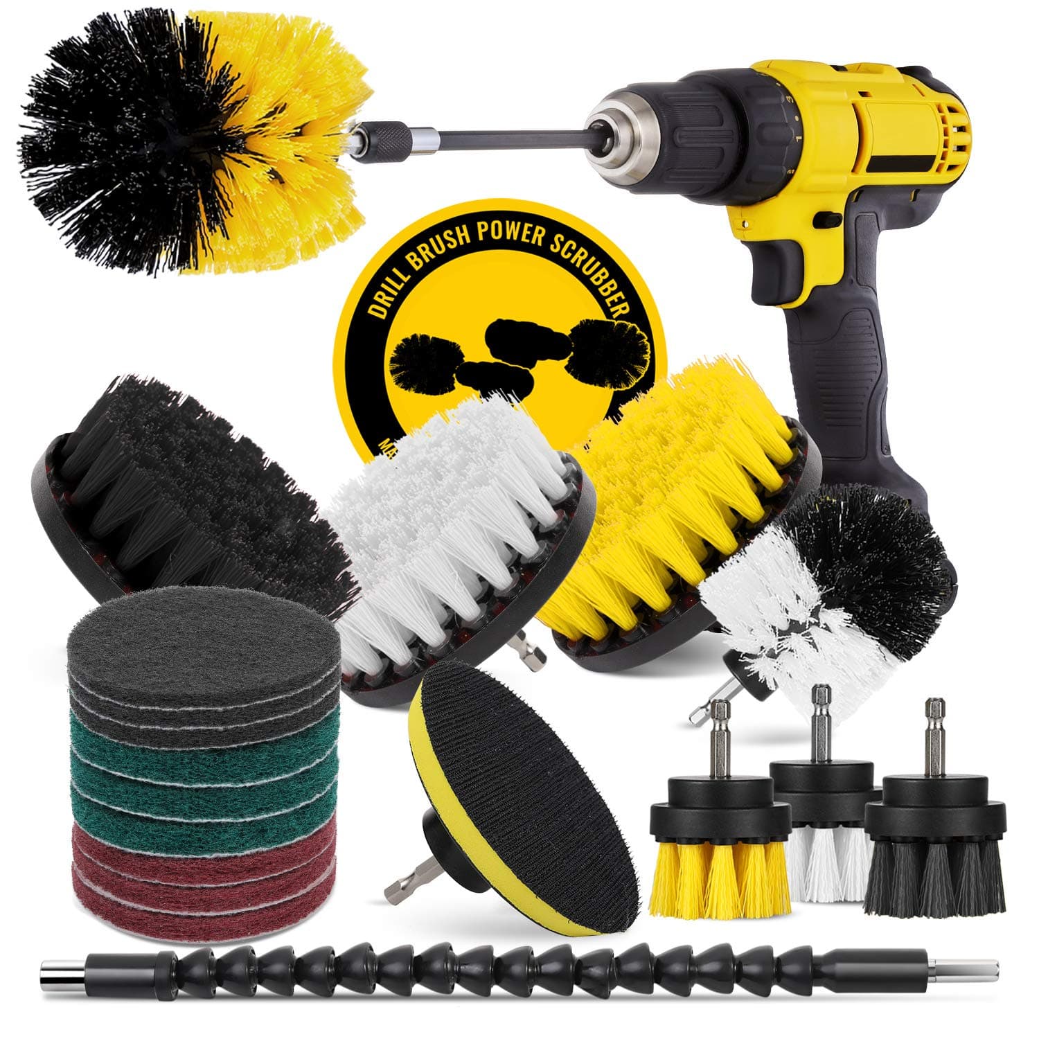 HIWARE 20-Piece Drill Brush Attachment Power Scrubber Set - Drill Scrub Cleaning Brush Kit with Extend Long Attachment for Bathroom, Kitchen, Home, Grout, Floor, Tile, Car and Sink