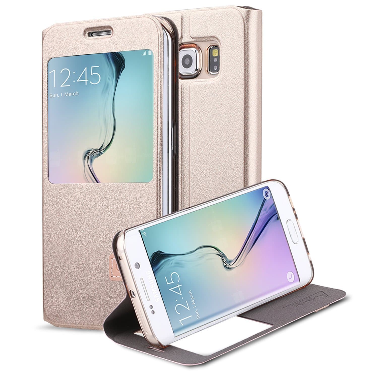 Galaxy S6 Edge Case, USAMS & Kollea [Muge Series] Big Window View Premium PU Leather Folio Case Flip Cover W Stand for Samsung Galaxy S6 Edge 2015 Version - Gold