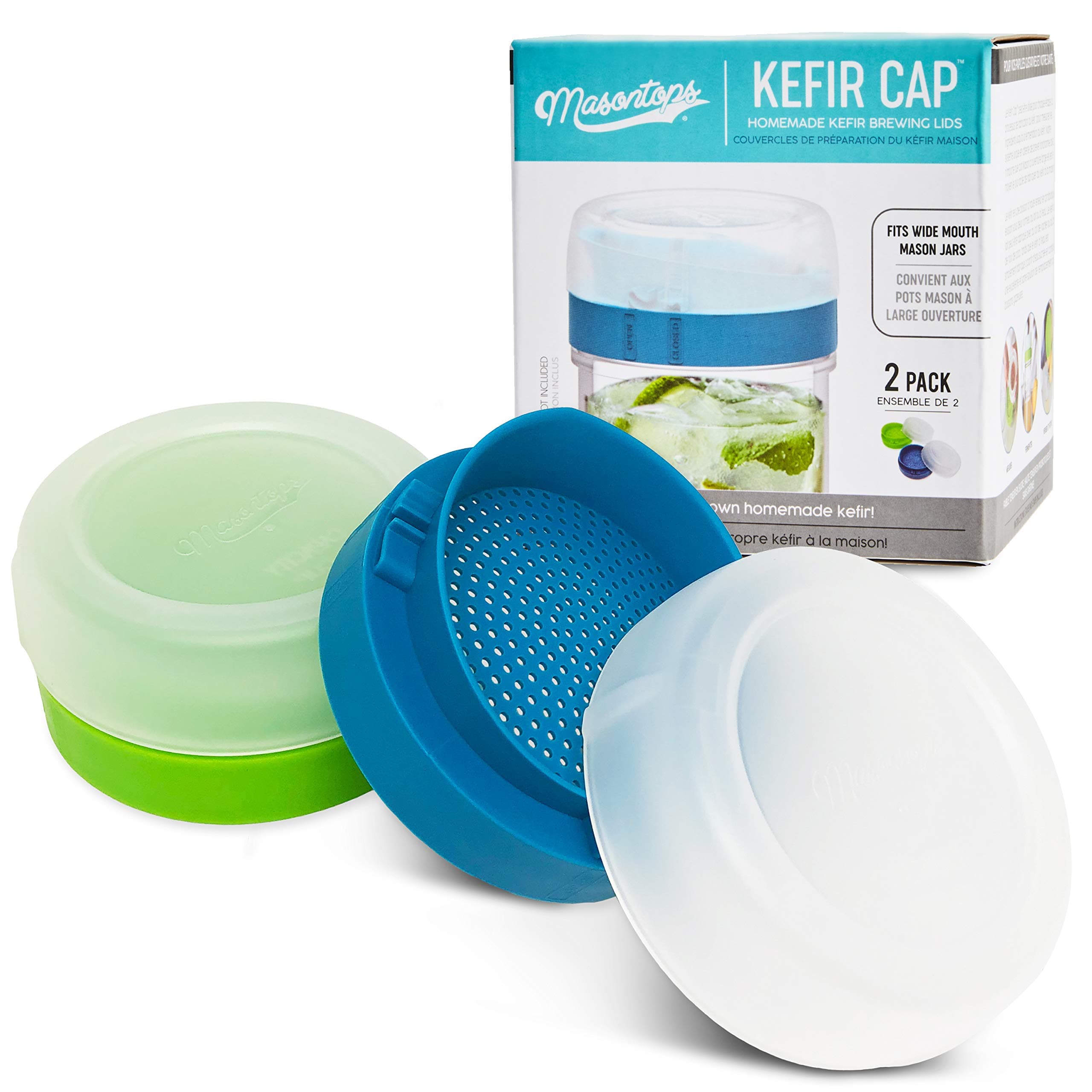 Kefir Caps - Wide Mouth Mason Jar Lids - Live Culture Grains Strainer - Home Fermentation Starter Kit - 2 Pack
