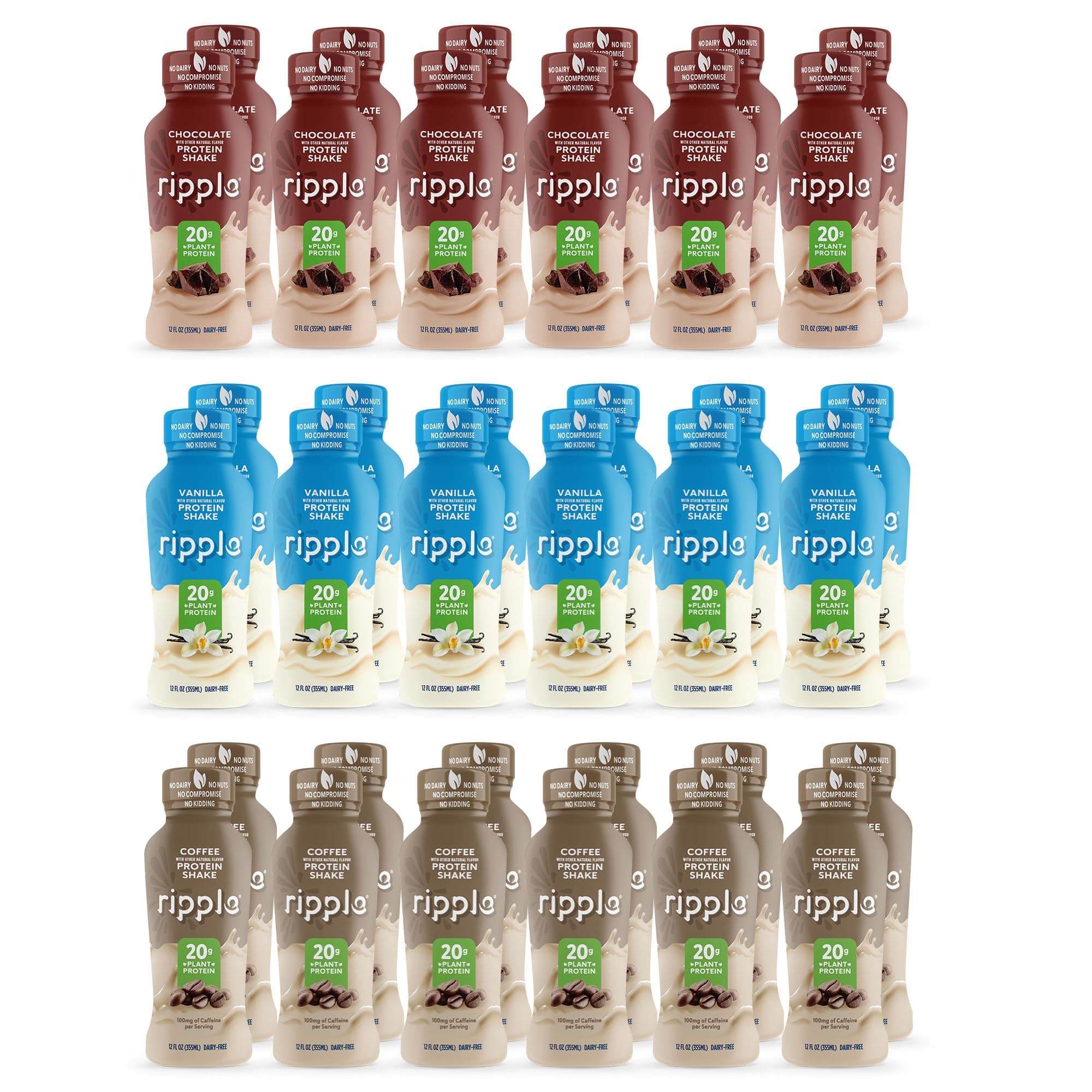 Ripple Vegan Protein Shake, Chocolate 12 Fl Oz (12 Pack) & Vanilla (12 Pack) & Coffee (12 Pack) | 36 Pack