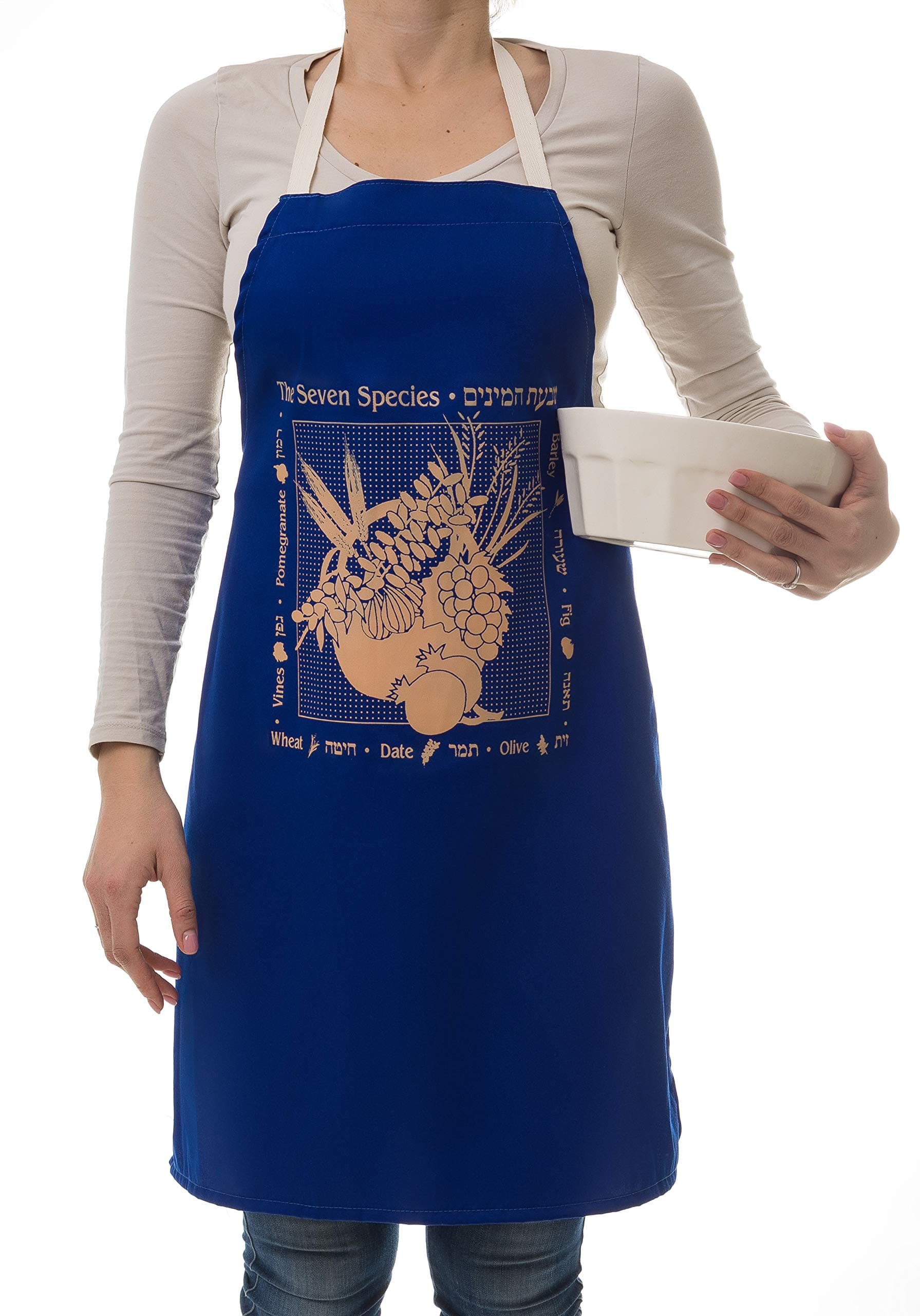 BARBARA SHAW GIFTS Kosher Apron Seven Species Apron Israeli Gifts Made in Jerusalem Biblical Apron, Hostess Gift, Great for Mothers and Grandmothers, Unique Design Easy Machine wash