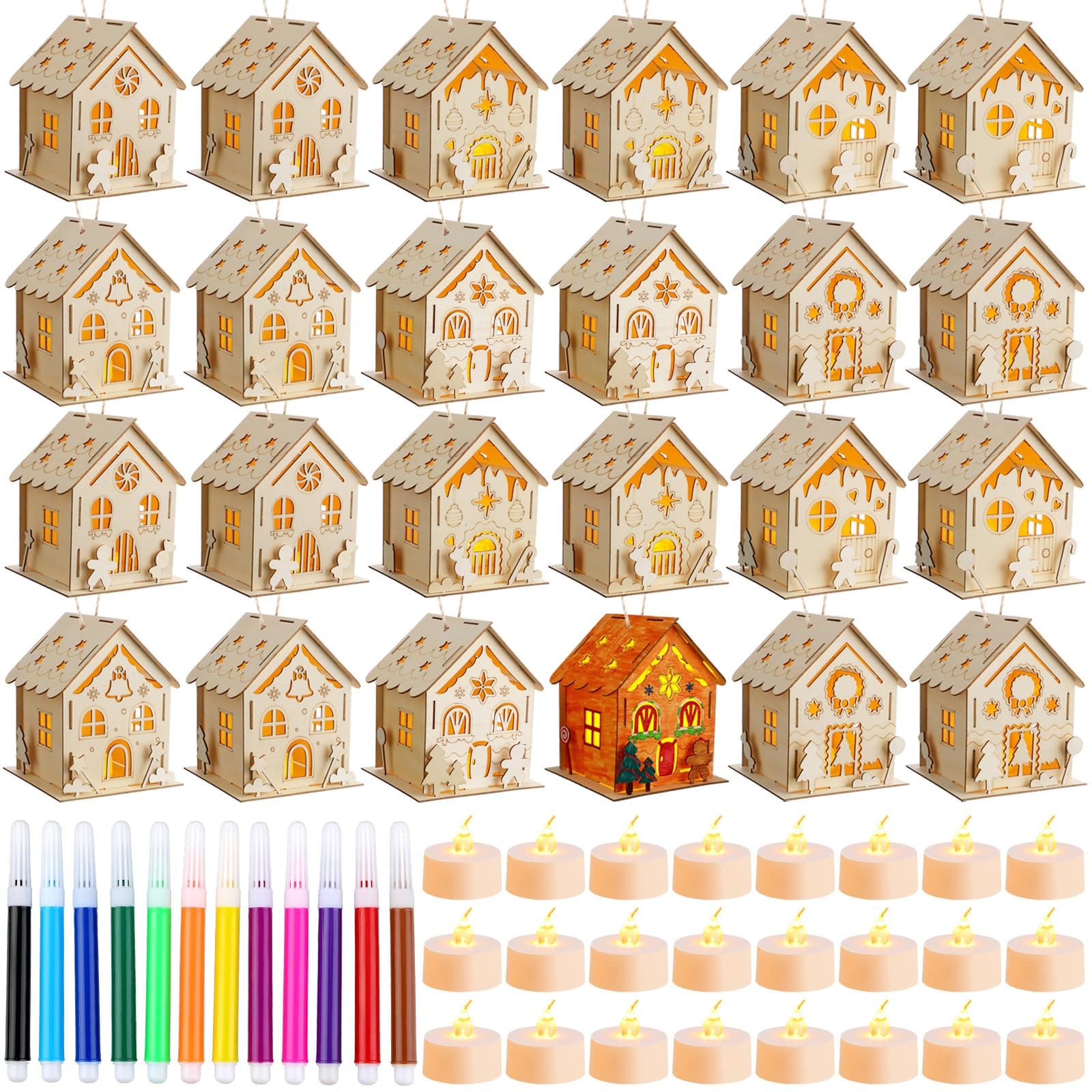 Spiareal 24 Sets DIY Gingerbread House Wooden Tealight Holder Kits Luminous Wooden Xmas Houses with Watercolor Pens and LED Flameless Candles for Kids Christmas Decorations Crafts Project Bulk