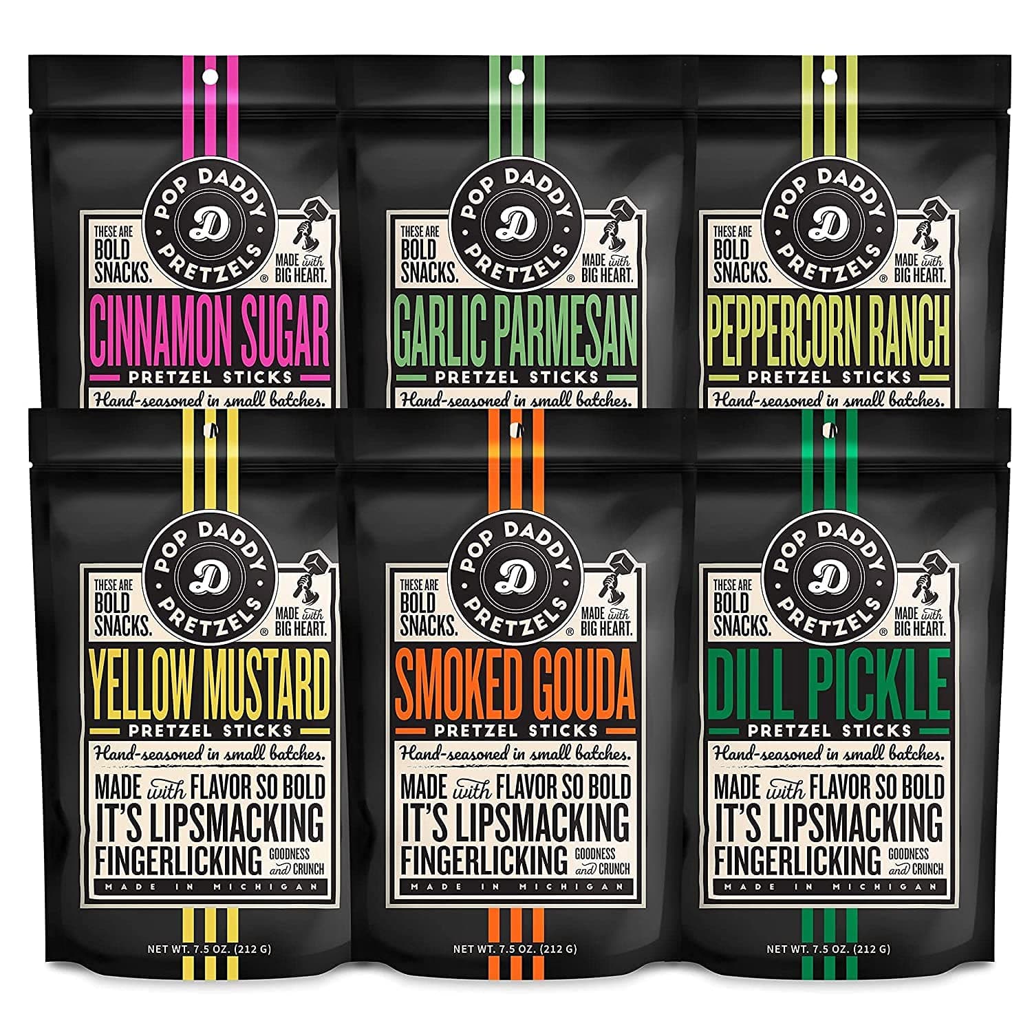 Pop Daddy Flavored Pretzels Sticks, Healthy Gourmet Pretzels, 7.5oz Variety Pack, 6 Pack, Garlic Parm, Cinnamon Sugar, Peppercorn Ranch, Smoked Gouda, Dill Pickle, Yellow Mustard