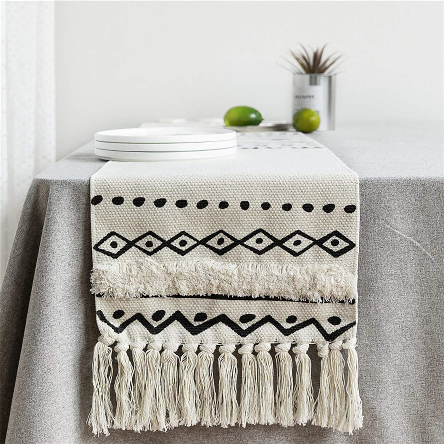NEWISHER Black and White Bohemian Cotton Handmade Woven Tufted Geometric Pattern Table Runner Tassels for Living Room Kitchen Party Wedding Decoration 70 Inch
