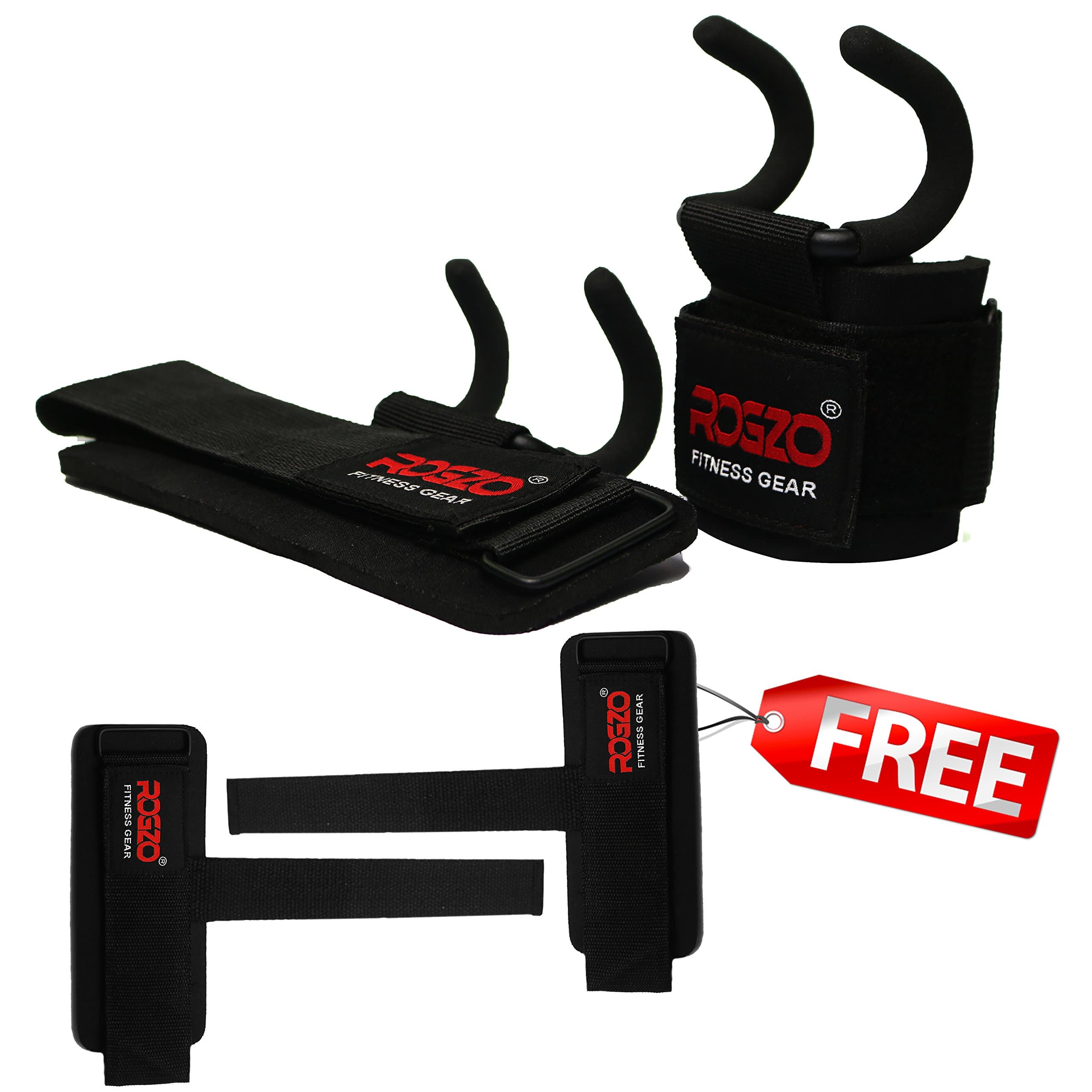 ROGZO | Weight Lifting Rod Hooks + Lifting Straps Bundle (1 PAIR of Each)