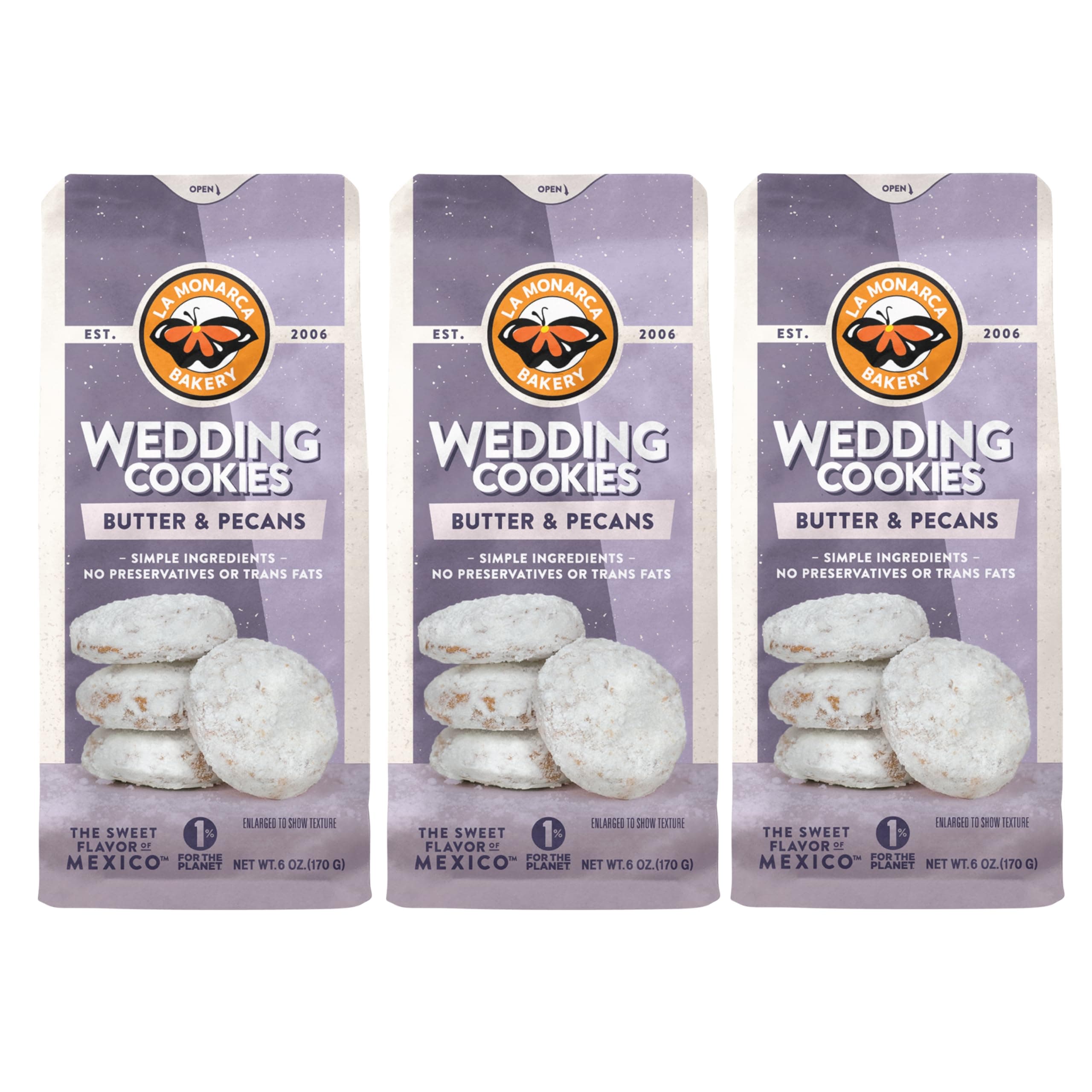Mexican Wedding Cookies, 6 Ounce (Pack of 3), Buttery Cookies with Pecans and Dusted with Powdered Sugar by La Monarca Bakery