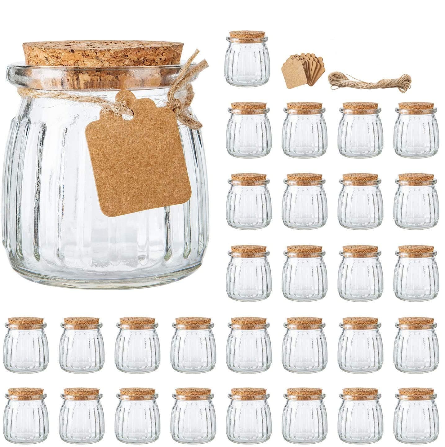 Brajttt 30 PCS 7 oz Glass Jars with Cork Lids, Yogurt Container For Jam, Spices, Extra Tags and String Included