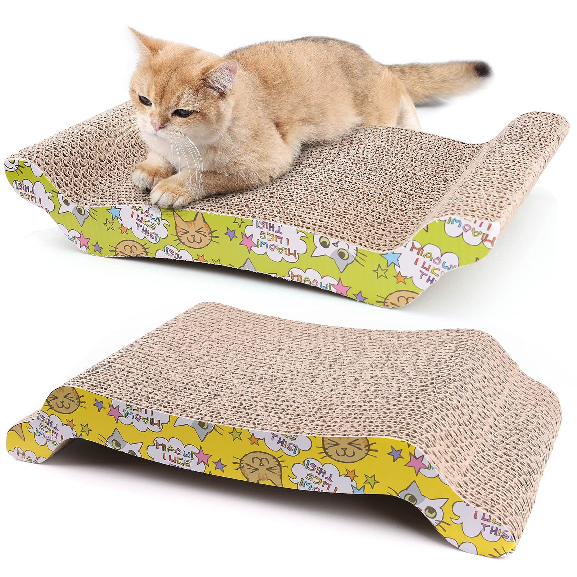 PrimePets Cat Scratcher Lounge 2-Pack, Reversible Wave Cat Scratch Pad for Scratching, Sleeping & Playing, Durable Corrugated Cardboard Cat Bed for Kittens & Small Cats, Includes Catnip