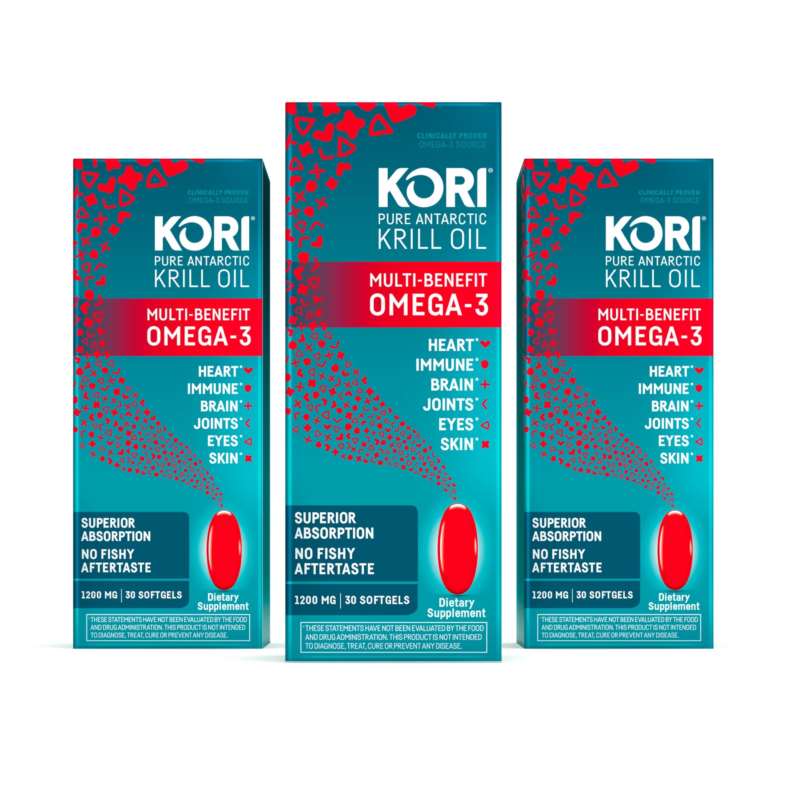 Kori Krill Oil Omega 3 Supplement, Antarctic Krill Oil with Superior Absorption vs Fish Oil, 1200mg Softgels, 30 Softgels, EPA & DHA (Pack of 3)