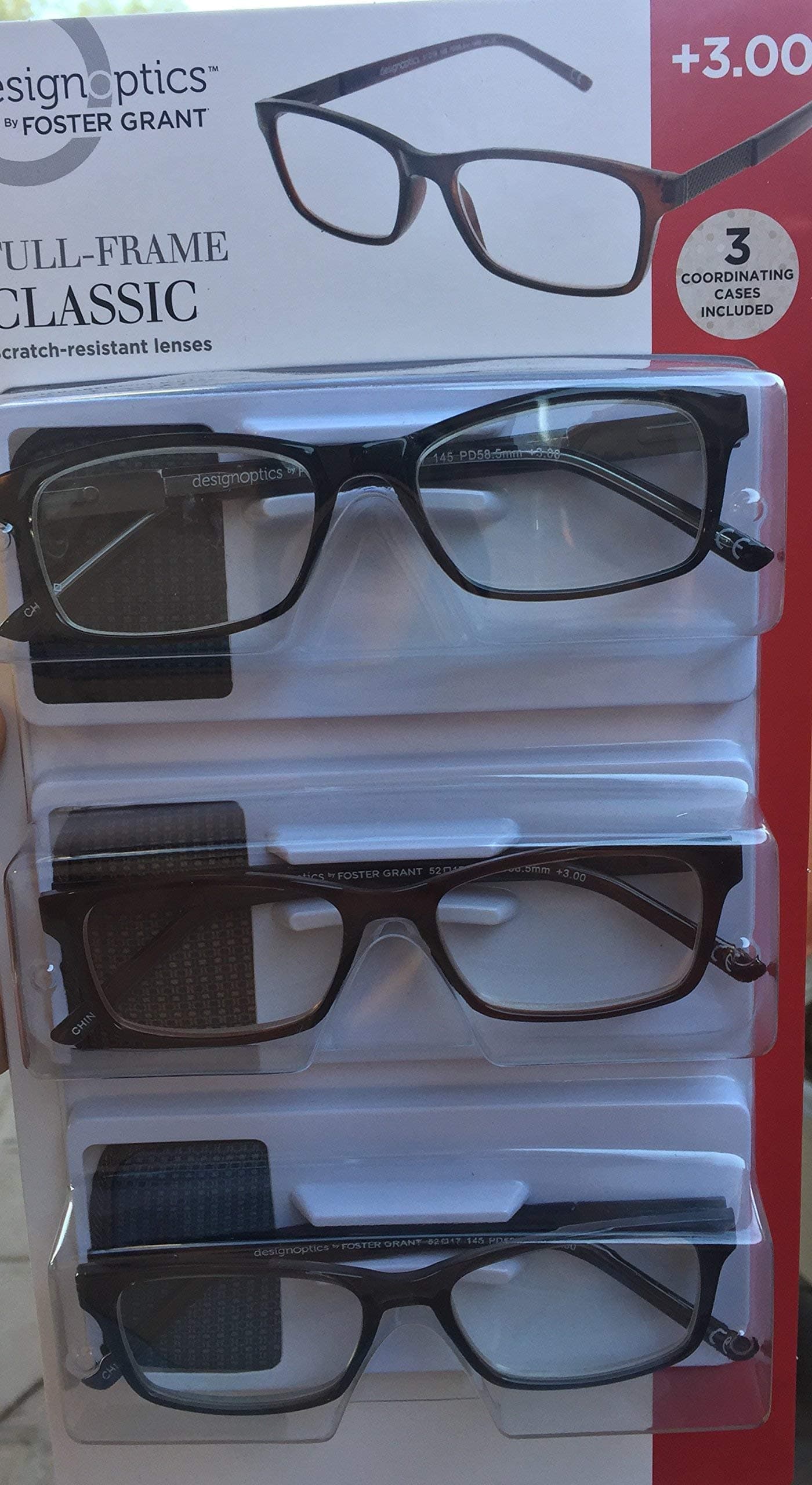 Full Frame Classic Reading Glasses +3.00 (3 count, includes cases)