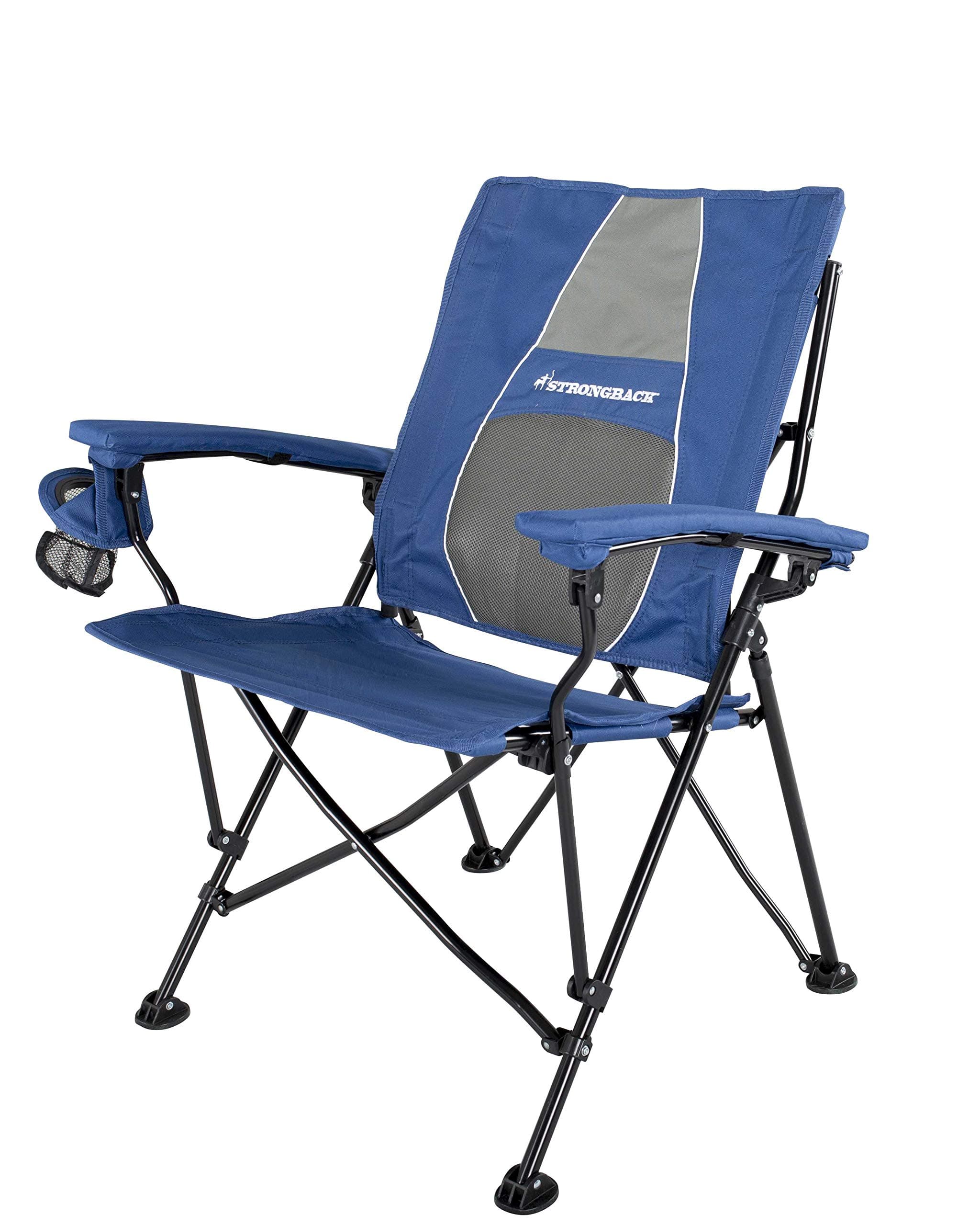STRONGBACK Elite Navy Blue - Ergonomic Foldable Camping Chair with Lumbar Support, 60 cm-wide chair, armrests, drinks holder