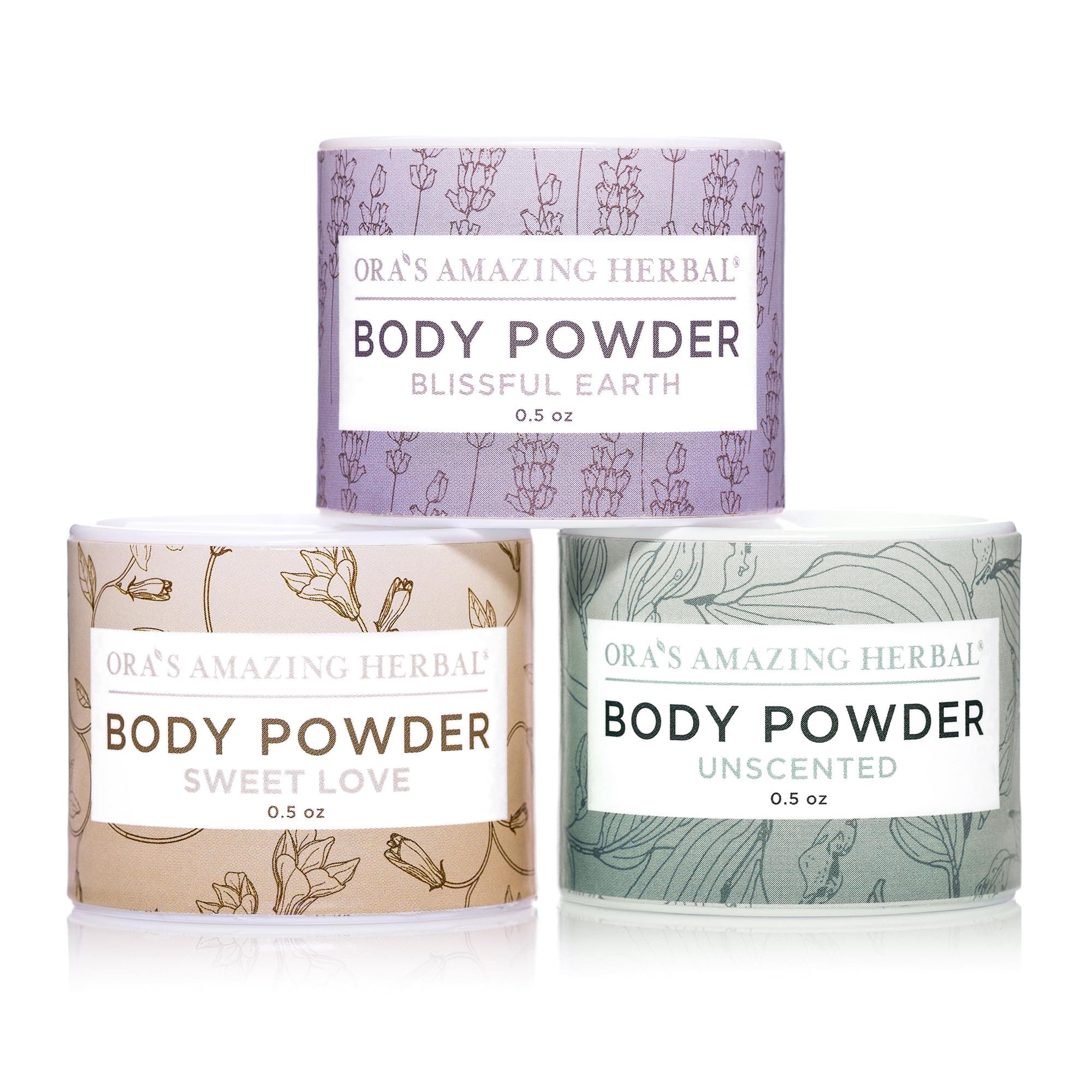Natural Body Powder Dusting Powder Travel Sizes 3 pak, No Talc, Corn Grain or Gluten Sweet Love, Blissful Earth, Unscented.5 oz each