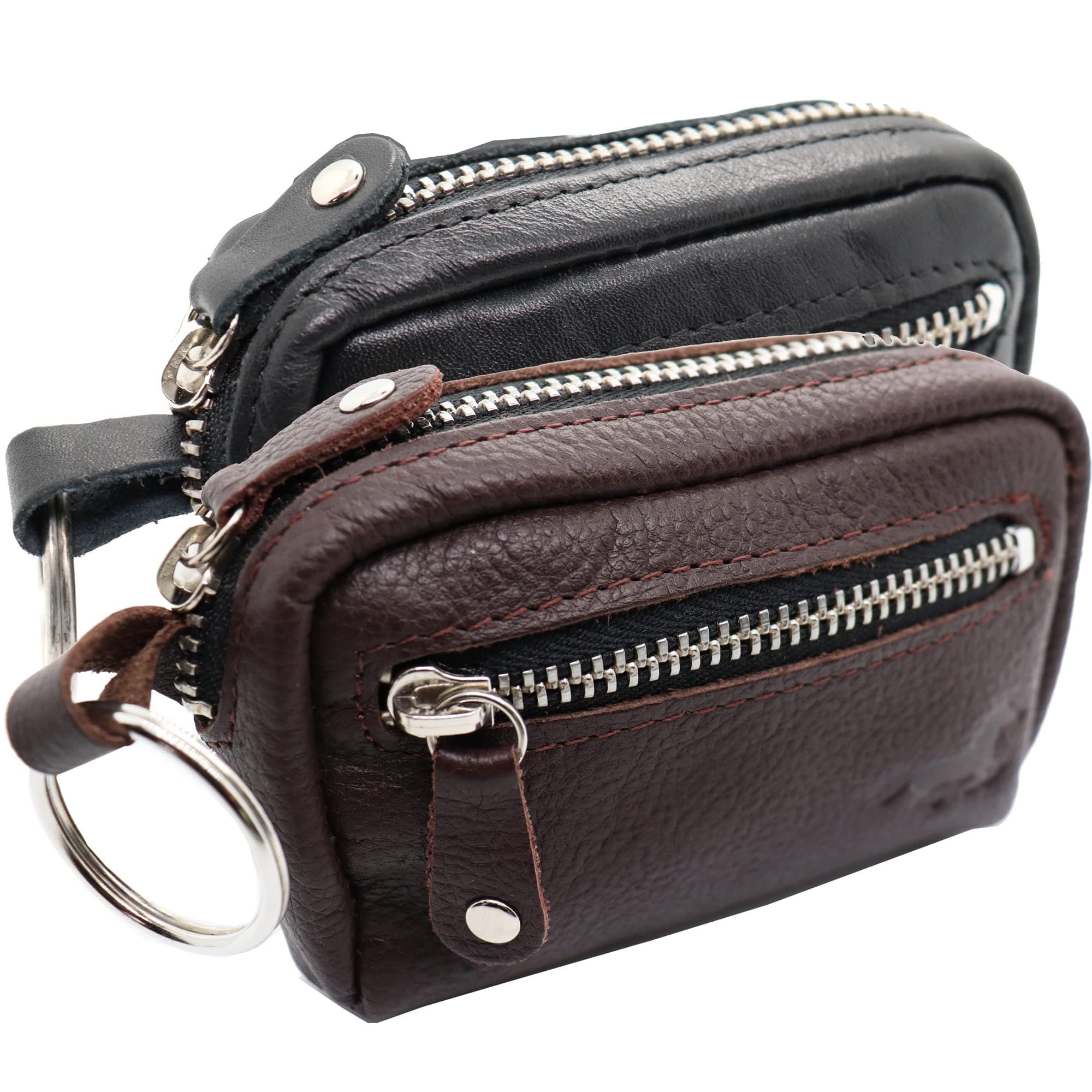 SafekeepersMen's Key Case - 2 Pack, Black/Brown, Leather, Zipper, Key Set Organization