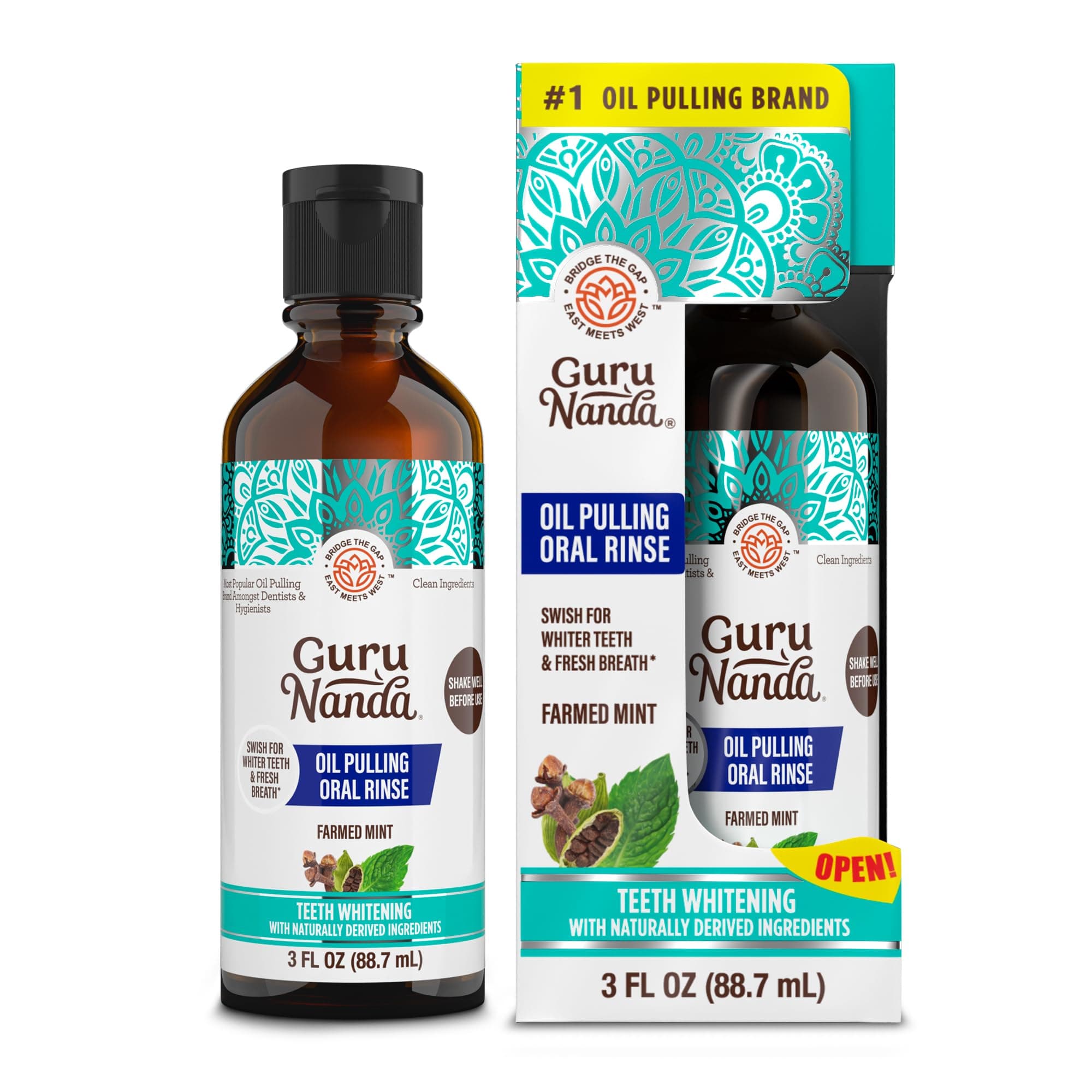 GuruNanda Travel Size CocoMint Oil Pulling Mouthwash, 7 Essential Oils & Vitamins, Promotes Fresh Breath & Happy Gums, No Alcohol & Fluoride, 3 oz