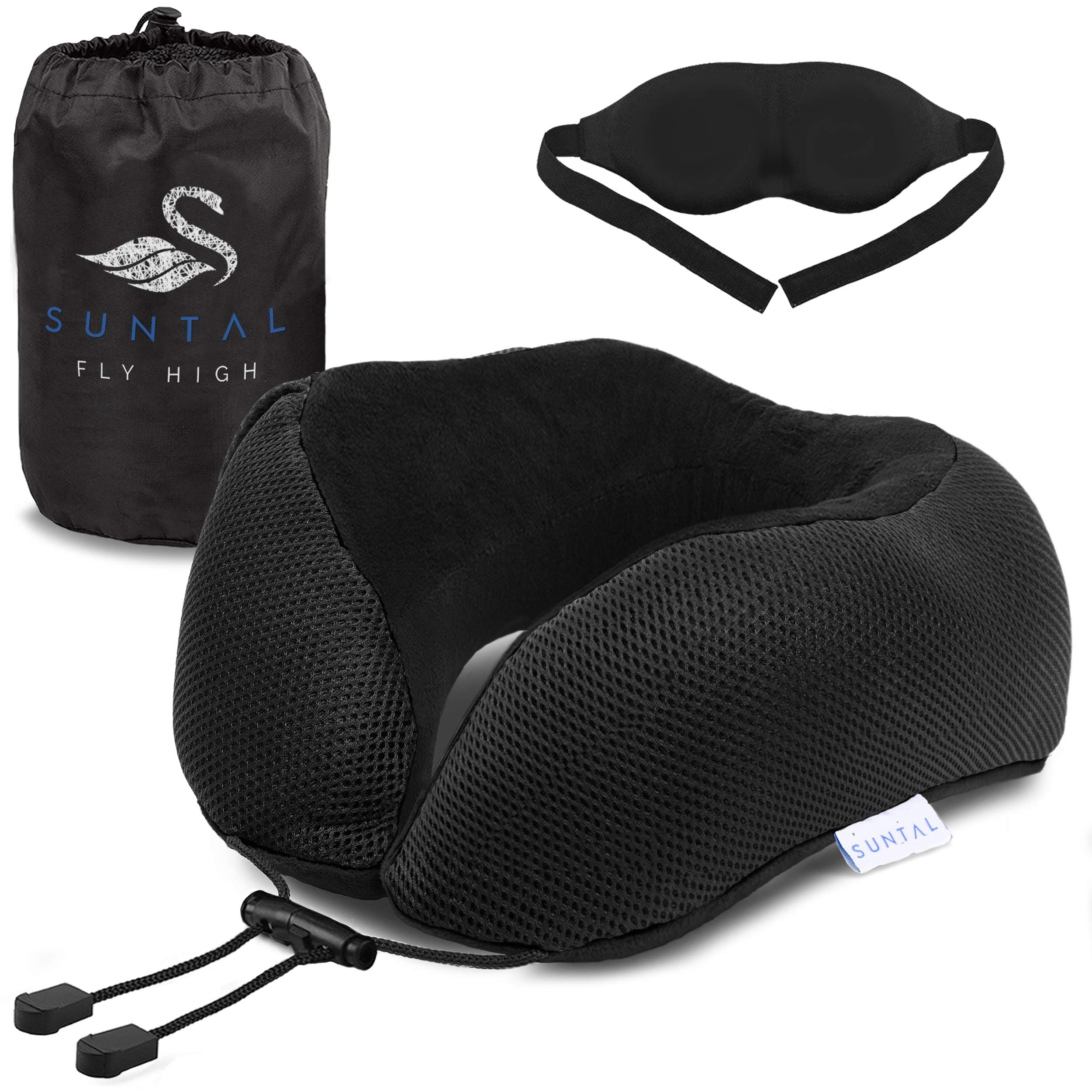 SunTal Ultimate Comfort Travel Pillow + Eye Mask – Prevent Neck Pain – Memory Foam Pillow Perfect for Airplane, Train, Bus, & Car Travel – Full 360 Head & Neck Support (Black)